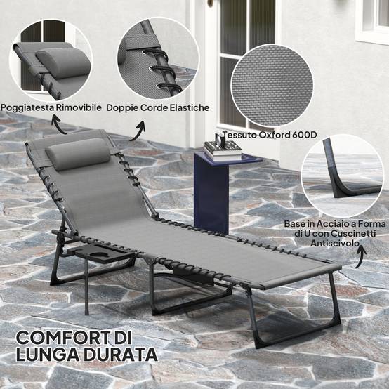 Chaise longue de jardin pliante et inclinable à 5 positions avec table d'appoint et poche, 60 x 190 x 31 cm, gris et noir - Image 7