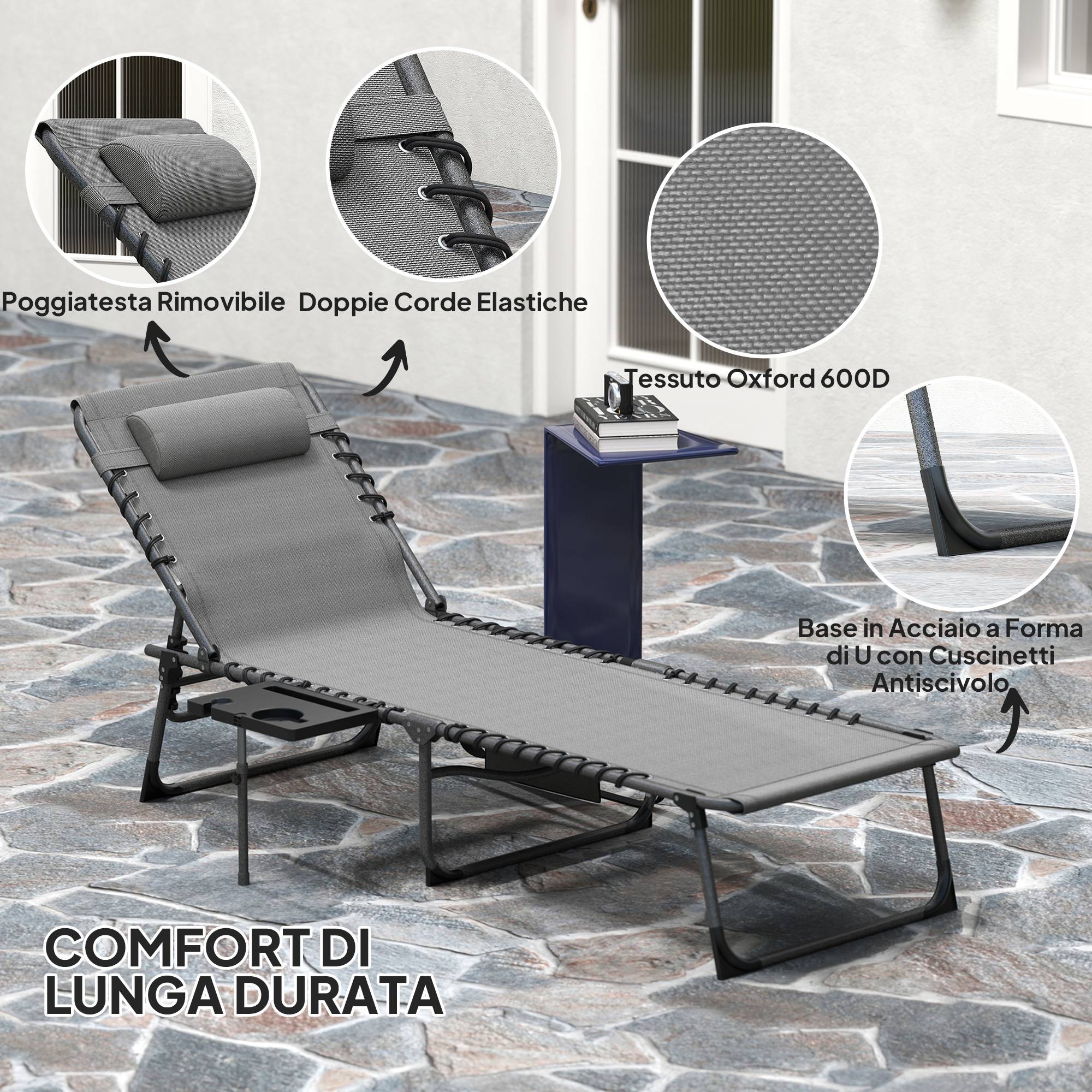 Chaise longue de jardin pliante et inclinable à 5 positions avec table d'appoint et poche, 60 x 190 x 31 cm, gris et noir - Image 7