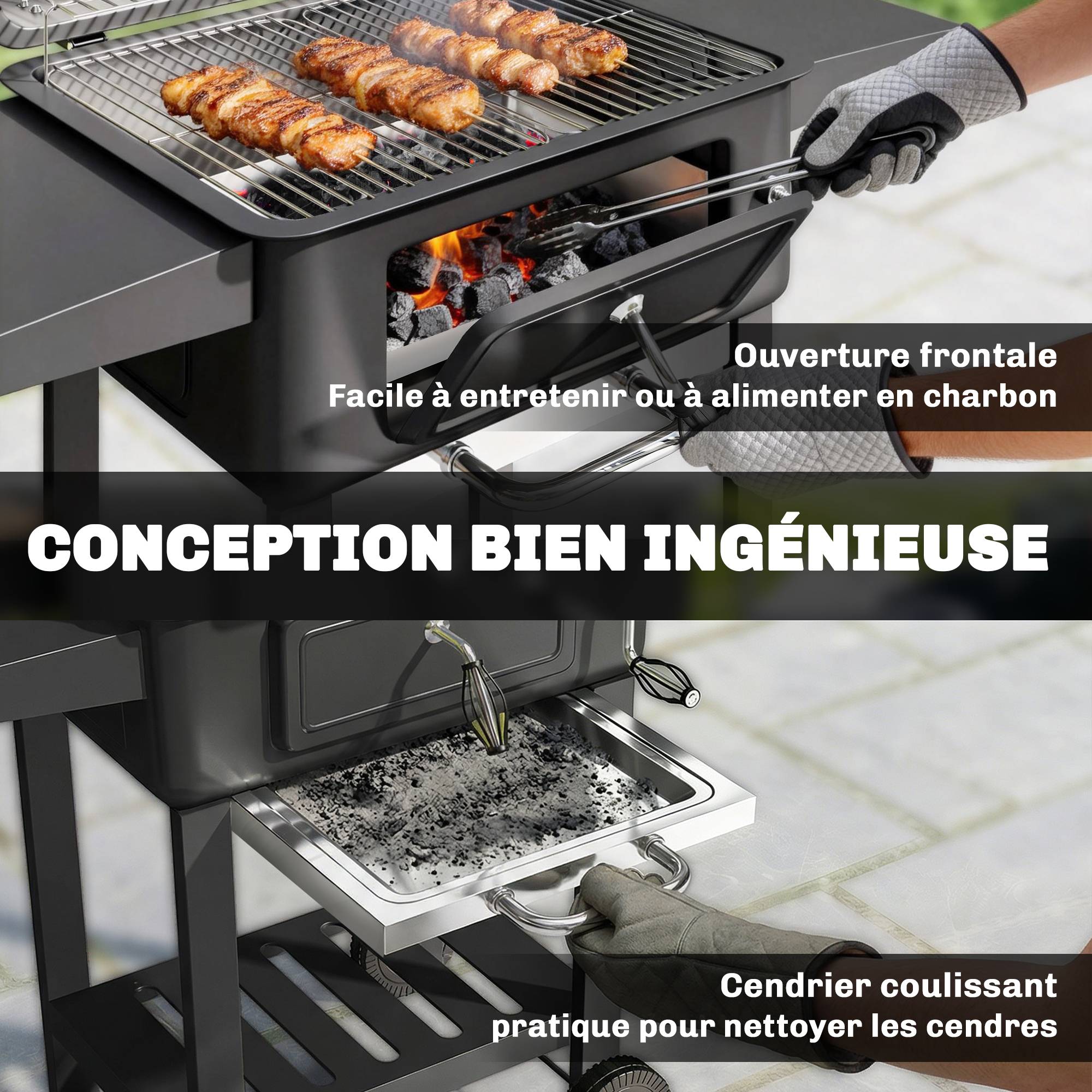 Barbecue Charbon de Bois Chariot Grill de Jardin avec Couvercle XXL Bac à Charbon et Évents Réglables 112cm Noir - Image 10