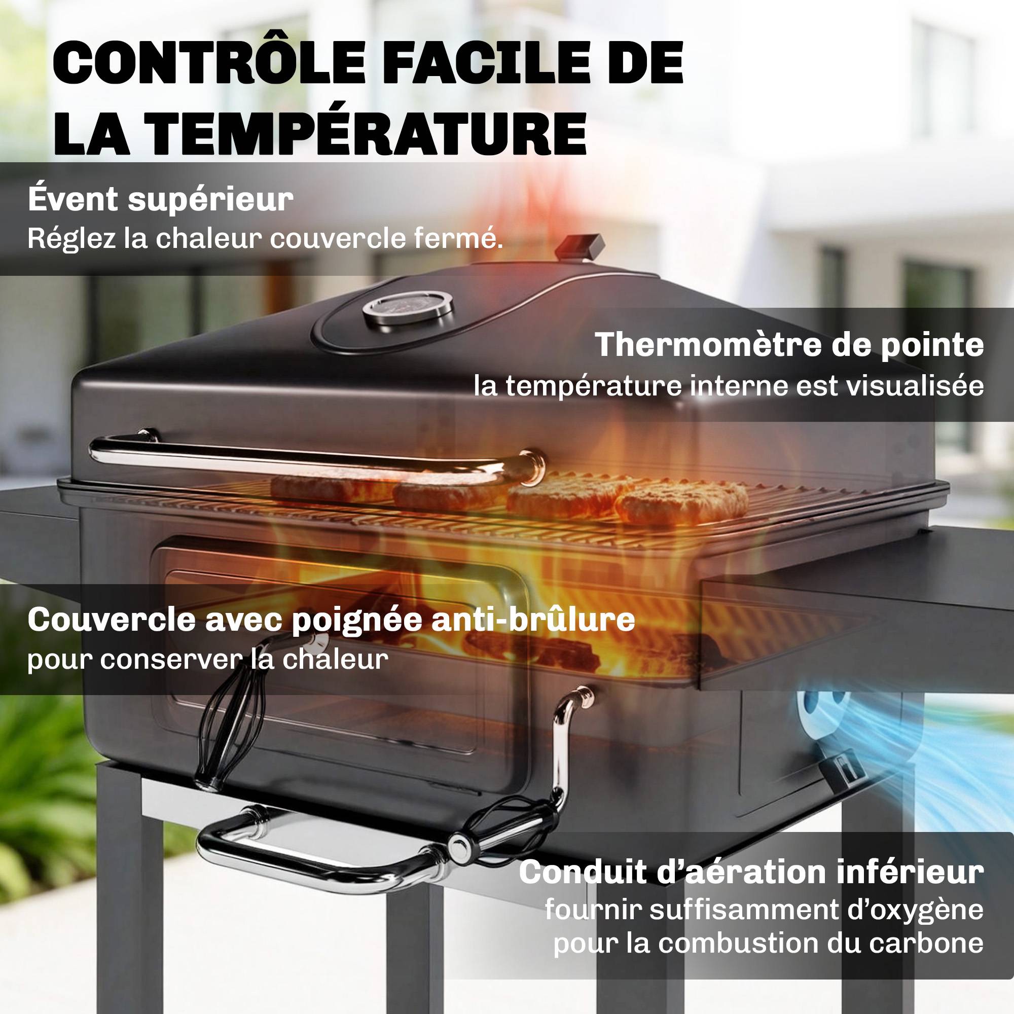 Barbecue Charbon de Bois Chariot Grill de Jardin avec Couvercle XXL Bac à Charbon et Évents Réglables 112cm Noir - Image 8