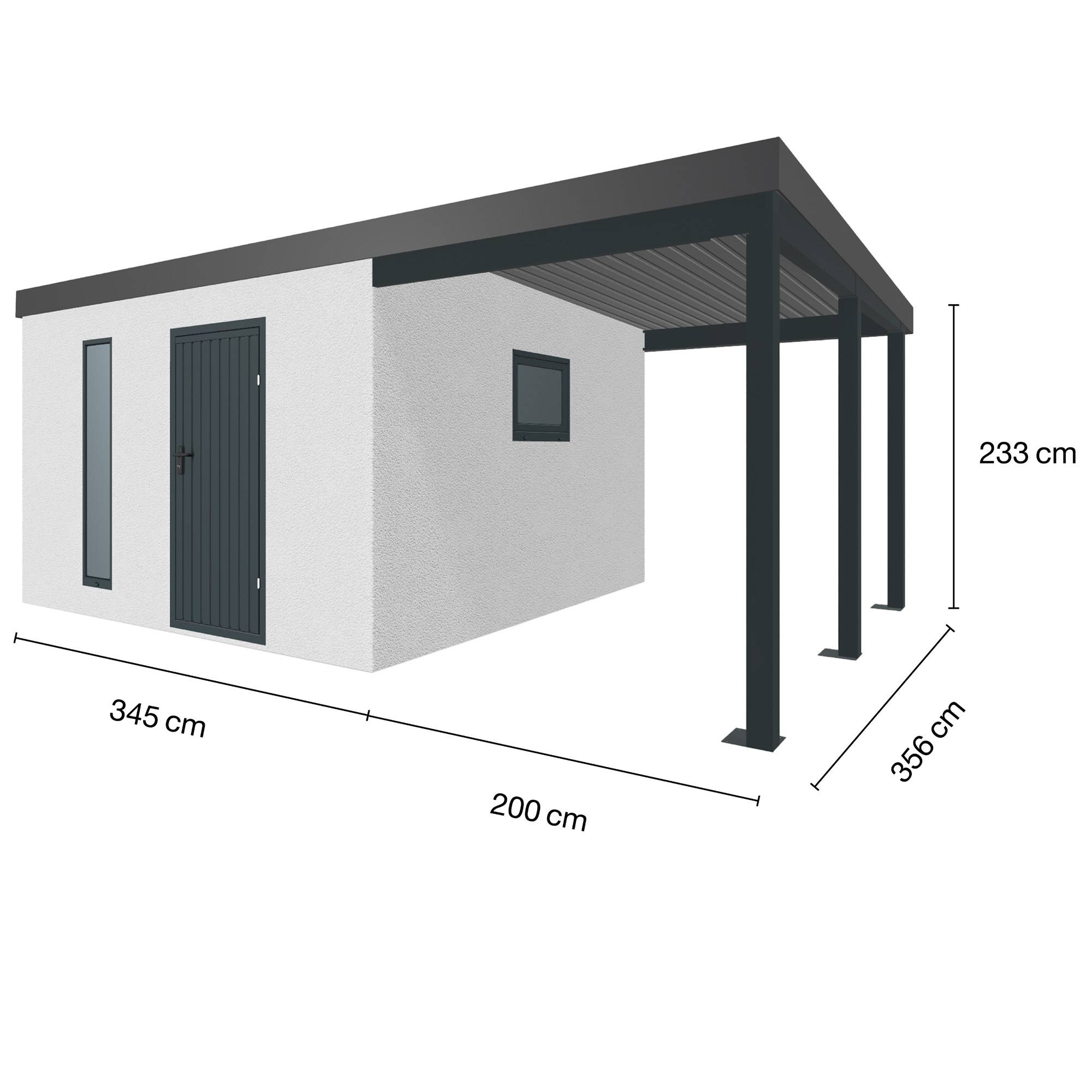 Abri de jardin en métal finition crépi 3450 x 3560 mm blanc avec auvent à droite 2000 x 3560 mm anthracite - Image 1