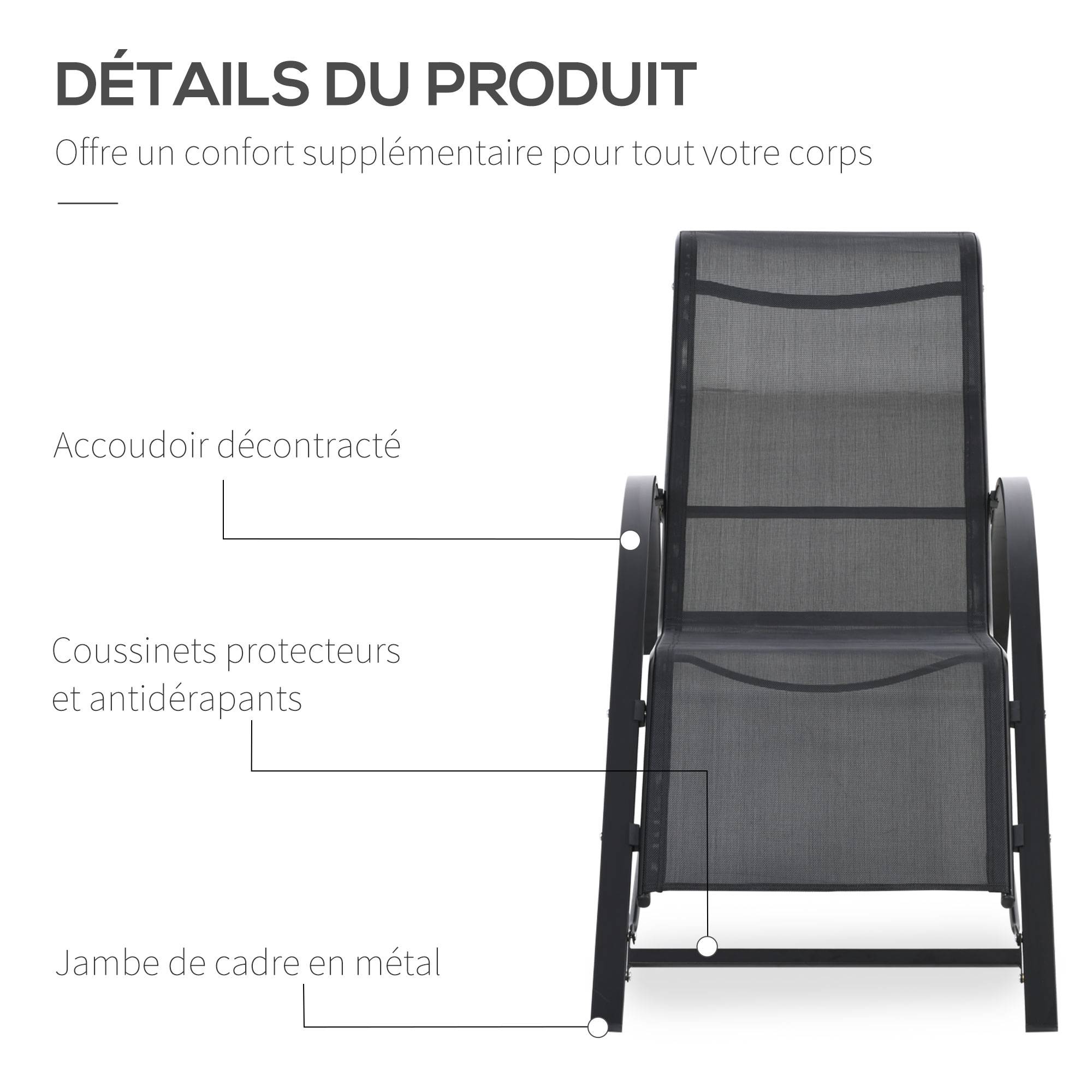 Lot de 2 bains de soleil chaise longue design contemporain table basse plateau verre trempé métal époxy textilène noir - Image 7