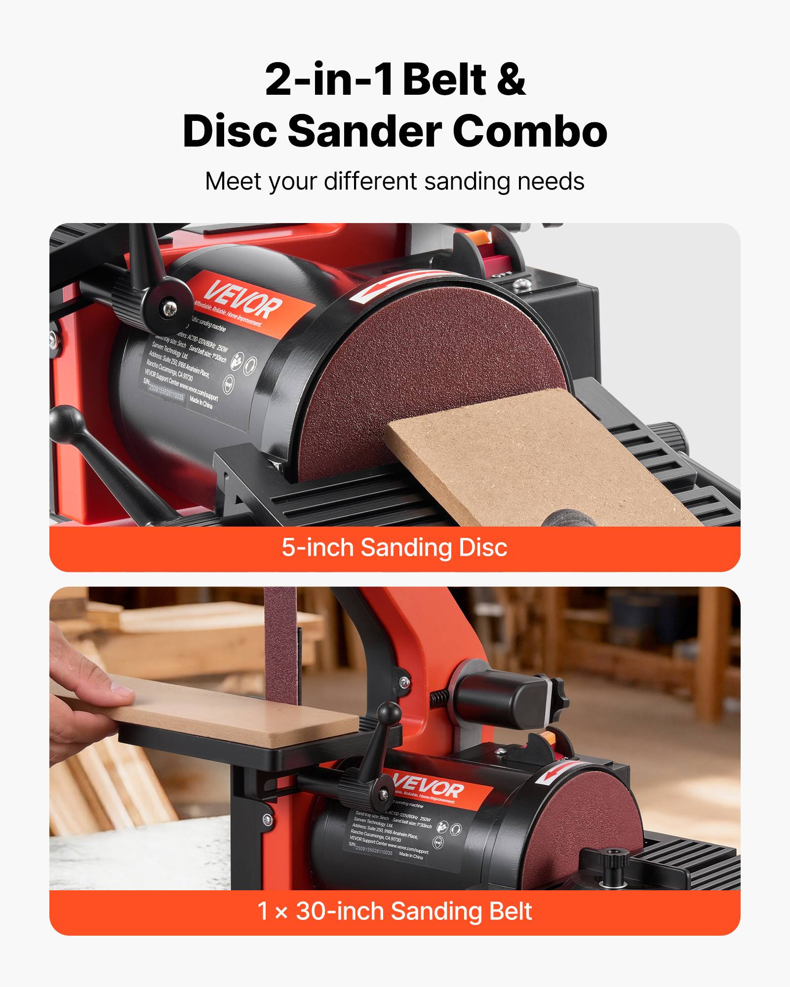 Vevor - VEVOR ponceuse bande et disque 250 W - bande 25,4 x 762 mm, disque 125 mm, table réglable 0-45°, ports d’aspiration, idéale pour bois et rénovation. - Image 3