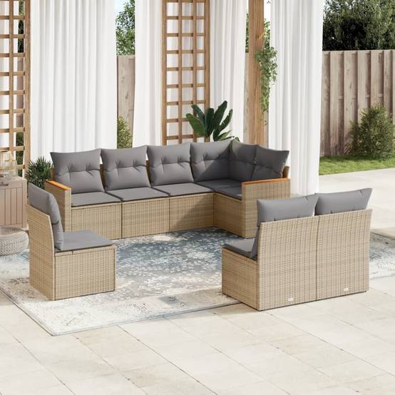 Canapé d'Angle de Jardin 8 Places Modulable en Polyrotin et Acacia avec Rangement Extérieur Beige – ComfortXL Outdoor Living - Image 1