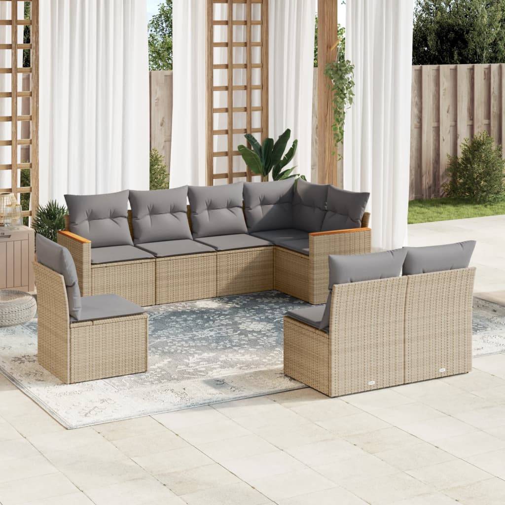 Canapé d'Angle de Jardin 8 Places Modulable en Polyrotin et Acacia avec Rangement Extérieur Beige – ComfortXL Outdoor Living - Image 1