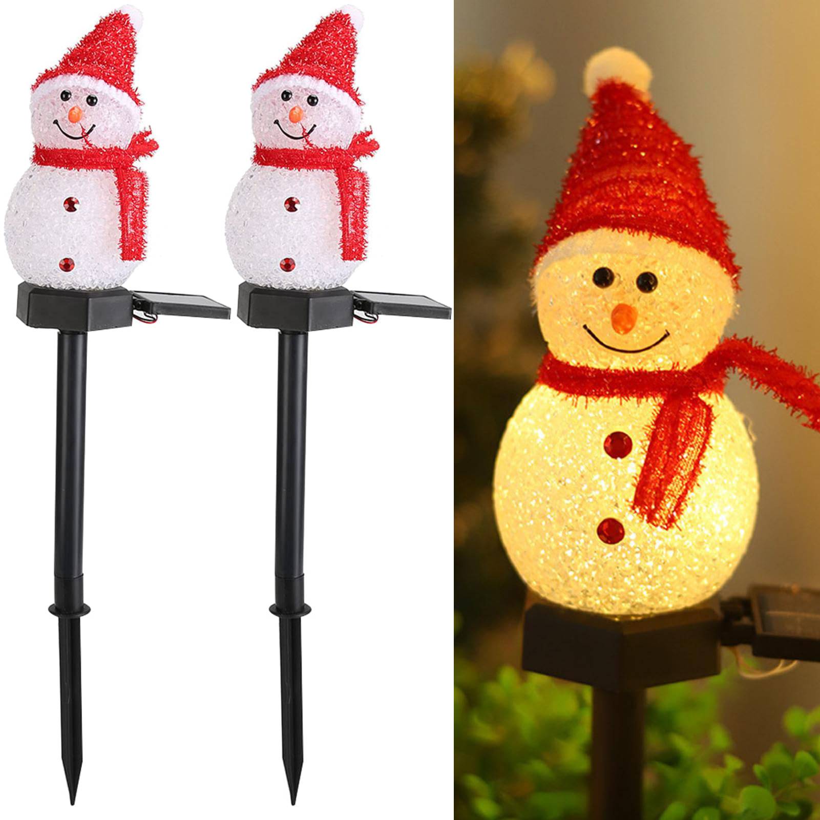 Lot de 2 lumières solaires de bonhomme de neige de Noël avec piquet, lumières solaires extérieures pour allée de Noël, décorations de Noël – Rouge - Image 1