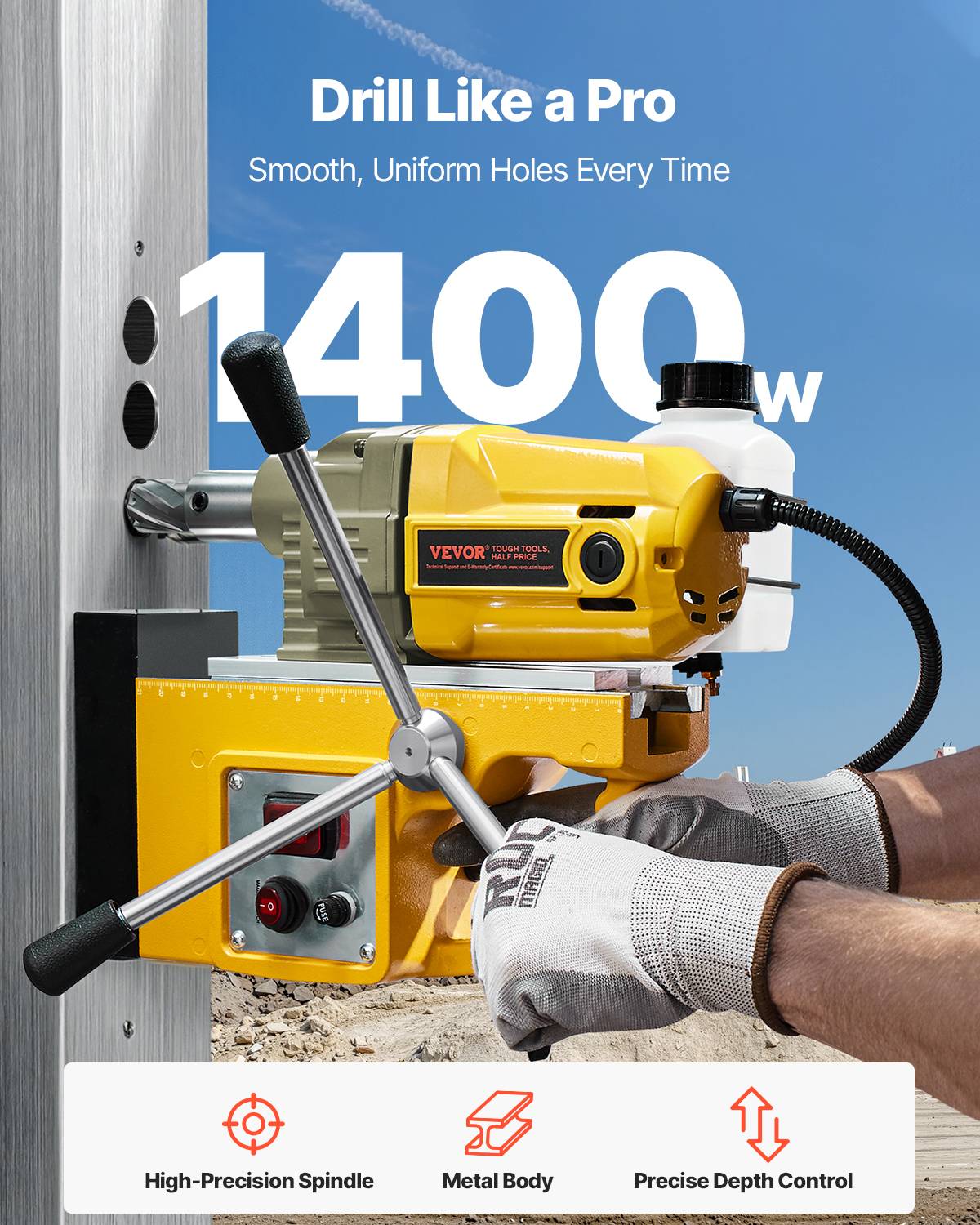 VEVOR Perceuse magnétique 1400W, colonne 12500 N, vitesse à vide 800 tr/min, max diam. 40 mm. - Image 2