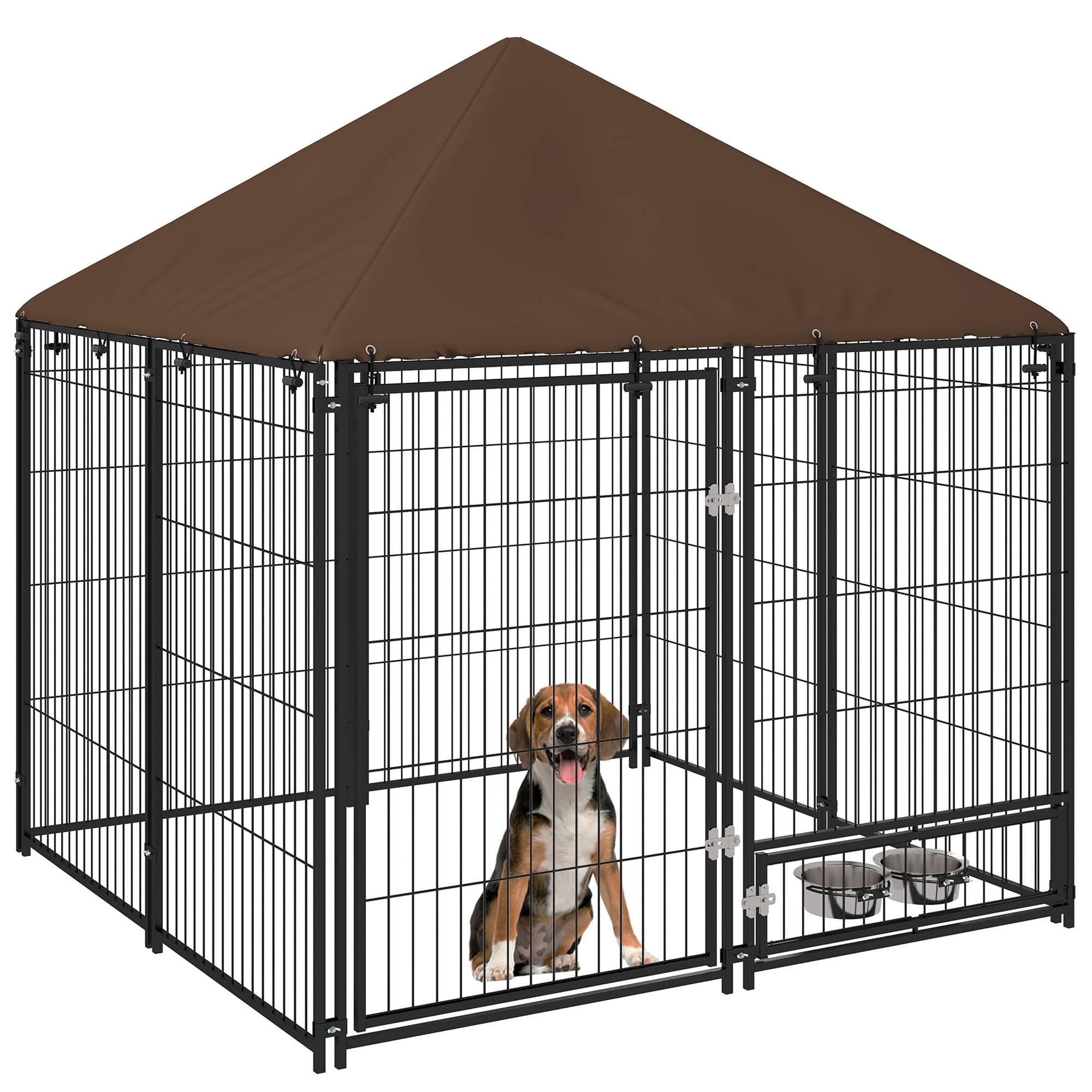 Parc pour chien en métal et tissu Oxford avec porte pour gamelle, 141 x 141 x 151 cm, noir et marron - Image 1