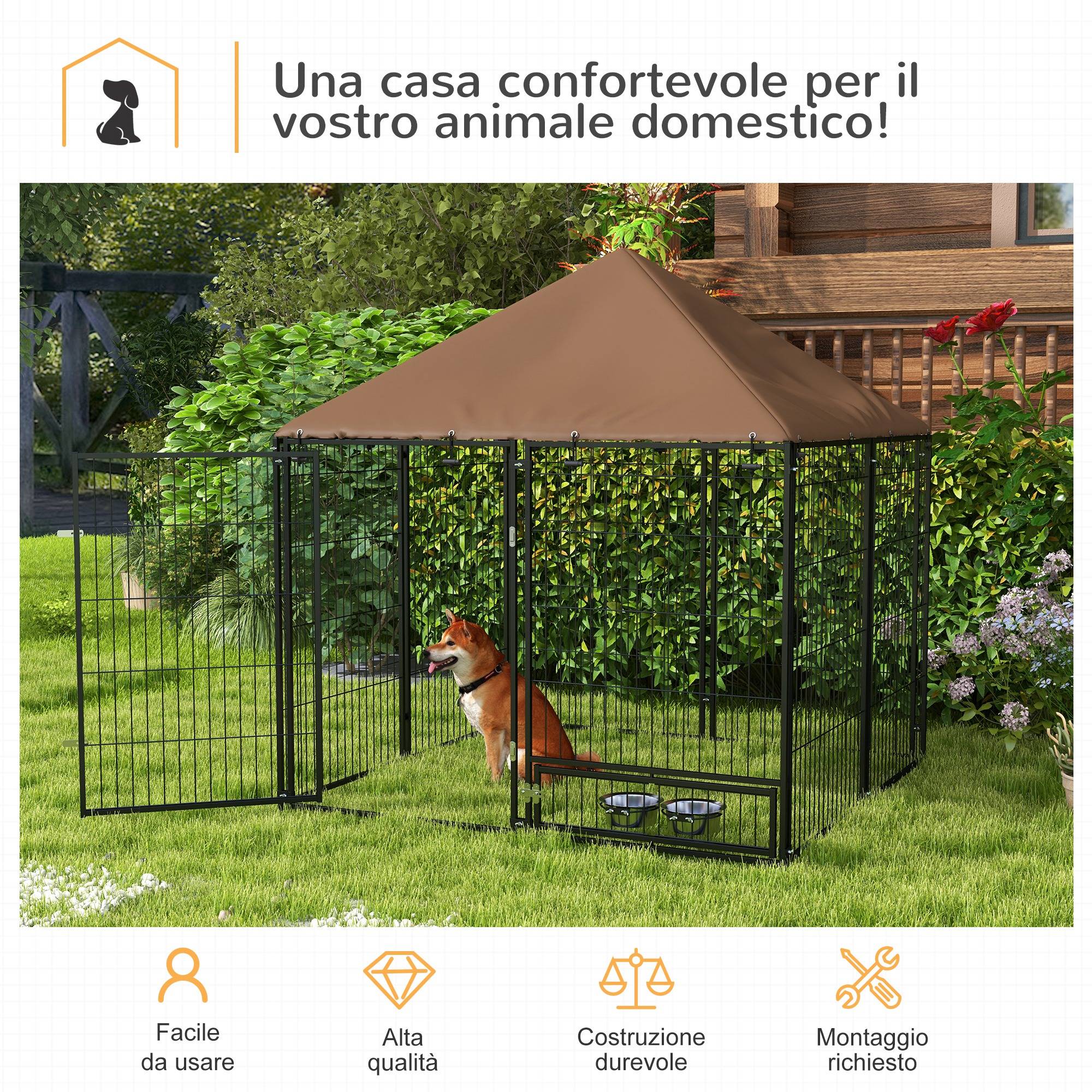 Parc pour chien en métal et tissu Oxford avec porte pour gamelle, 141 x 141 x 151 cm, noir et marron - Image 6