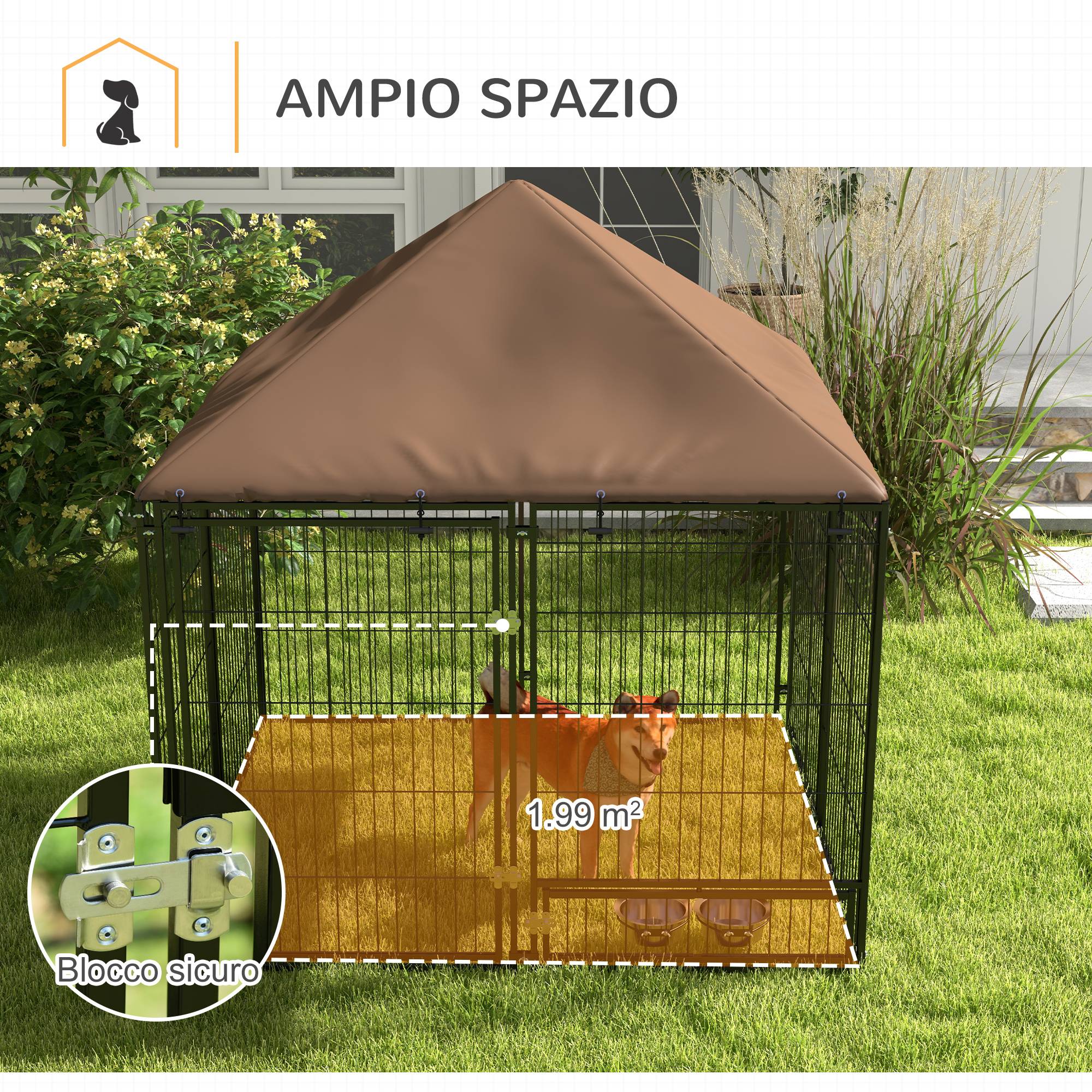 Parc pour chien en métal et tissu Oxford avec porte pour gamelle, 141 x 141 x 151 cm, noir et marron - Image 10
