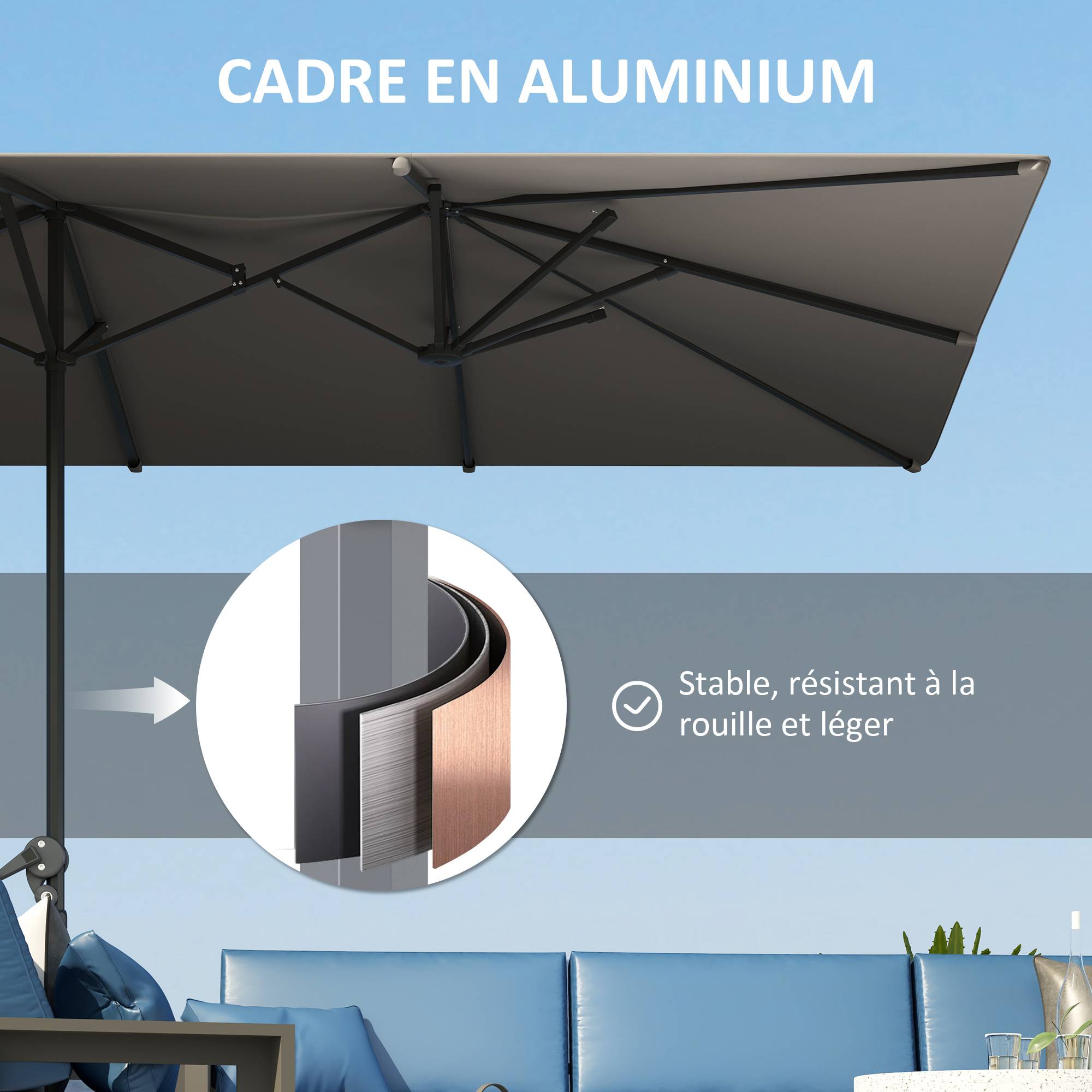 Parasol de jardin extérieur, parasol double rectangulaire 451 x 264 cm avec manivelle toile polyester 200g/m² gris foncé - Image 8