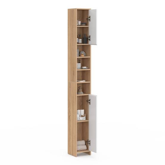 Meuble colonne salle de bain TOMI 2 portes 4 niches façon hêtre et blanc - Image 4