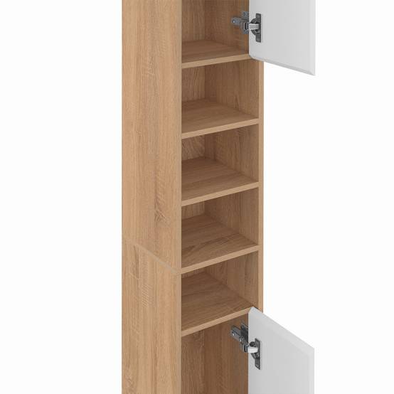 Meuble colonne salle de bain TOMI 2 portes 4 niches façon hêtre et blanc - Image 6