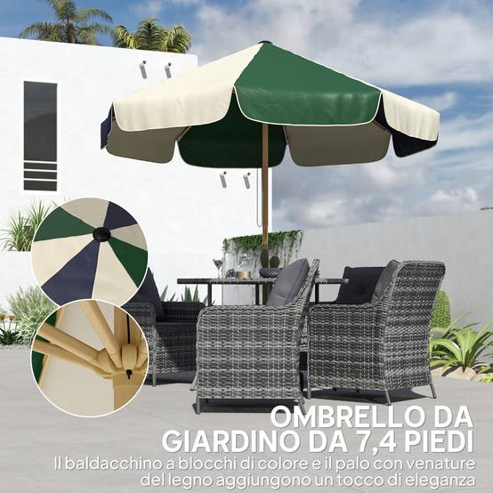 Parasol de jardin avec structure effet bois, toit à blocs de couleur avec 8 baleines, UV 30+ - Image 6