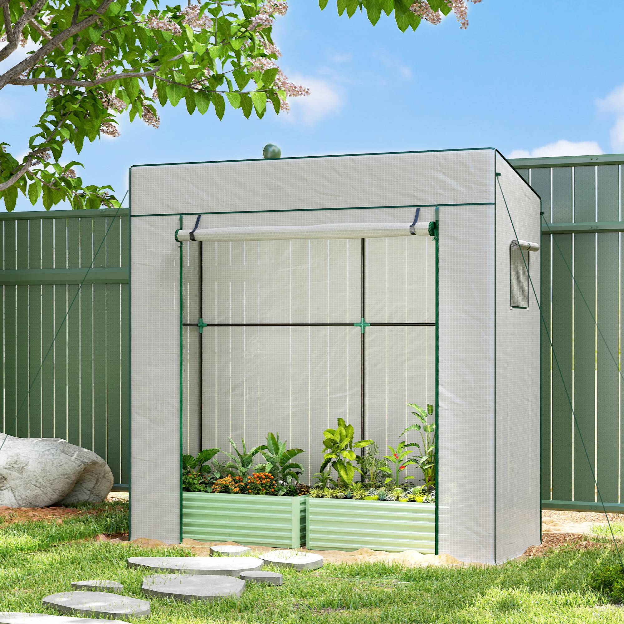 Sans Marque - Serre de jardin murale adossée avec 1 porte enroulable, bâche PE renforcée, 2 fenêtres, dim. 196L x 77l x 197/178H cm - Image 3