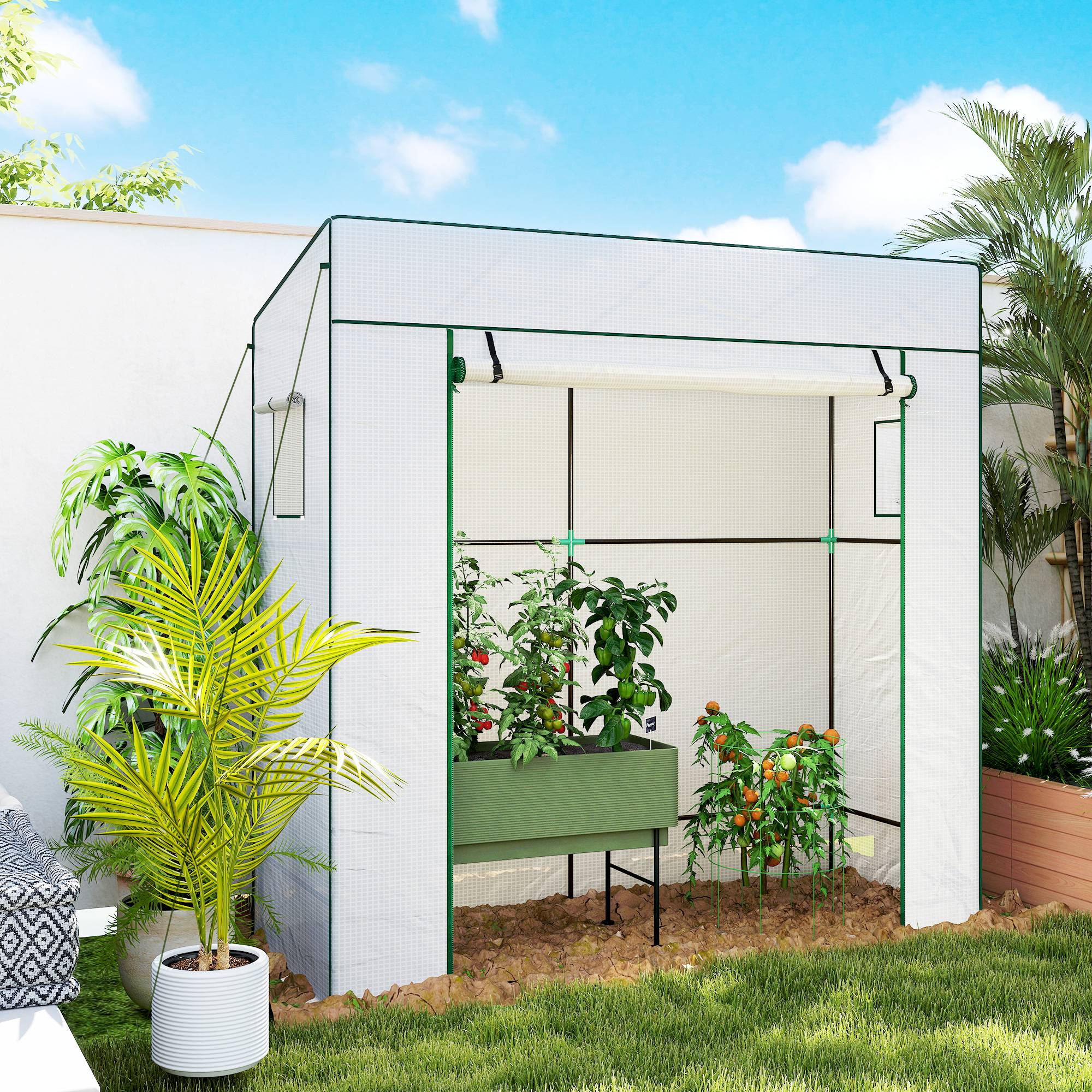 Sans Marque - Serre de jardin murale adossée avec 1 porte enroulable, bâche PE renforcée, 2 fenêtres, dim. 196L x 77l x 197/178H cm - Image 4