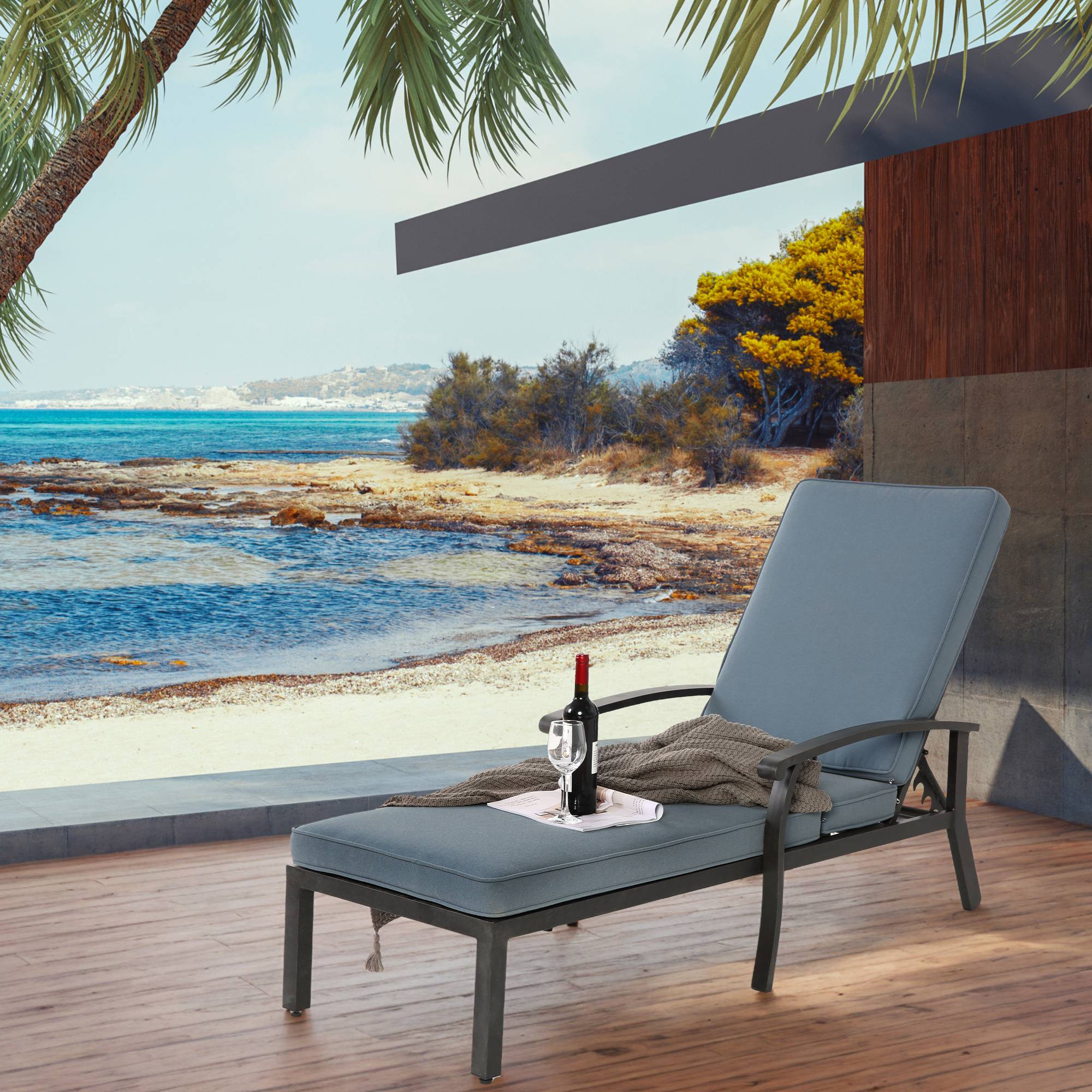 PANGIVO - Chaise longue aluminium bronze avec coussin bleu 204 x 58 x 100 cm - PANGIVO - Image 1