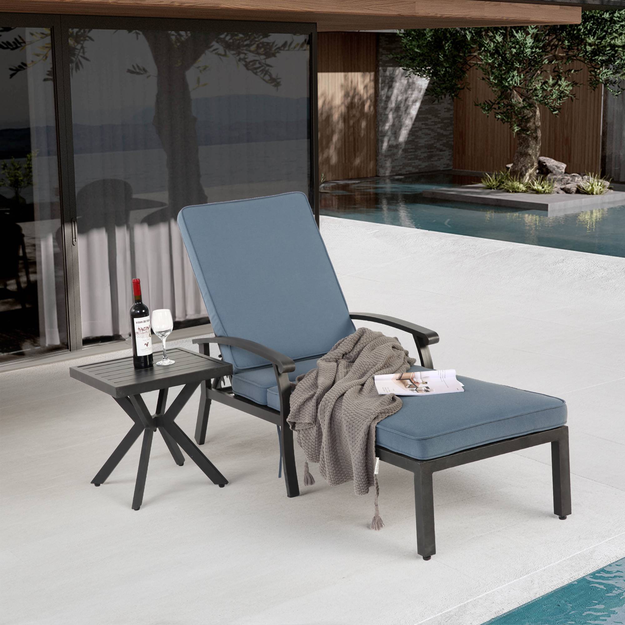 PANGIVO - Chaise longue aluminium bronze avec coussin bleu 204 x 58 x 100 cm - PANGIVO - Image 3