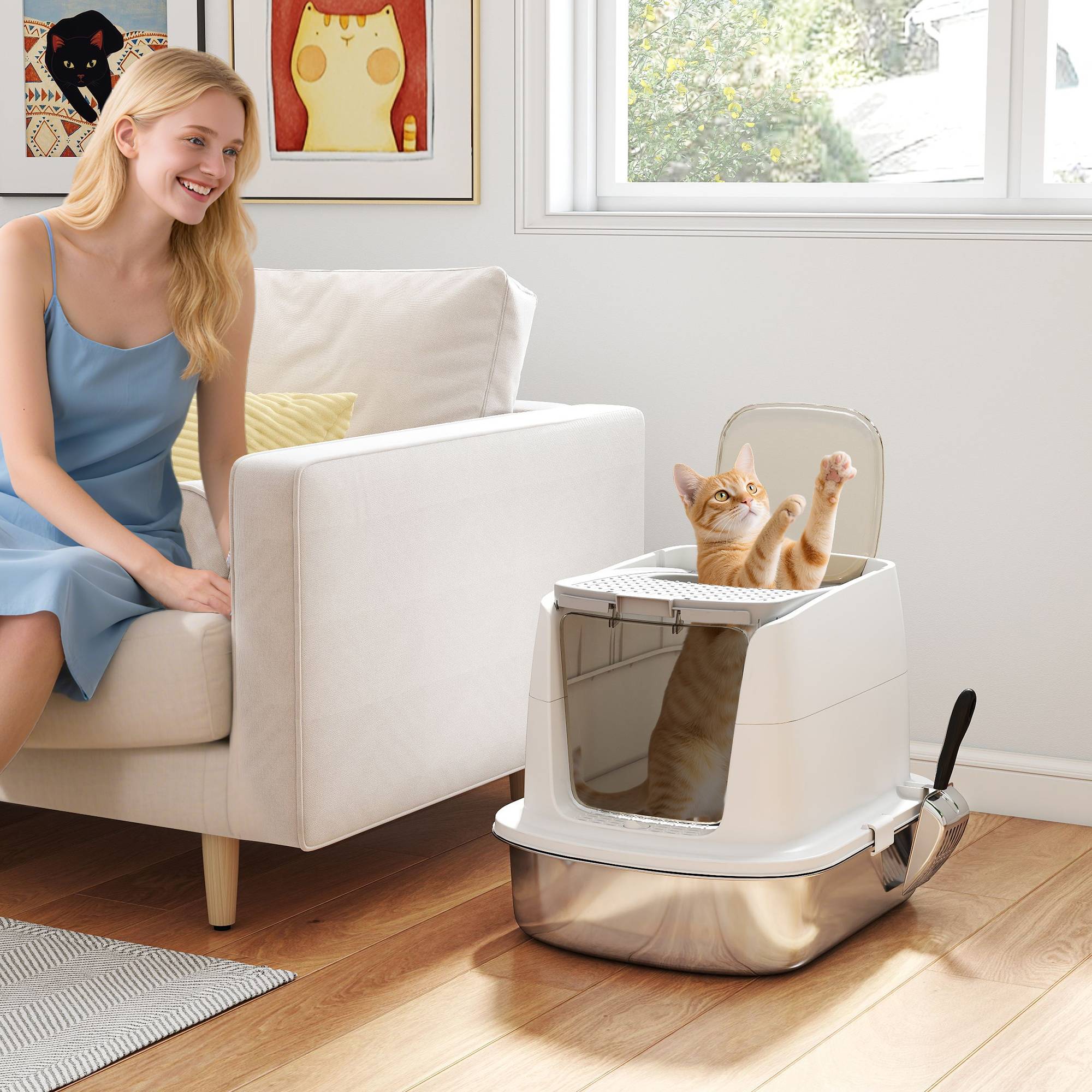 Sans Marque - Bac à litière pour chat en acier inoxydable, bac à litière fermé avec pelle, sac anti-odeurs, entrée/sortie - Image 2