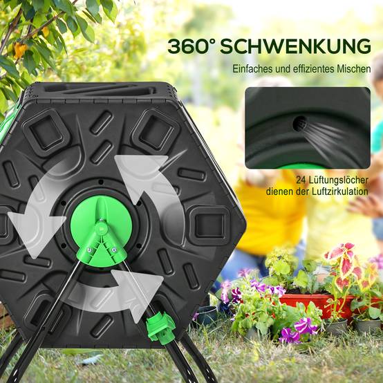 ComfortXL - Composteur rotatif acier et plastique 65 L vert et noir pour jardin avec 24 aérations et mélange 360° - Image 5