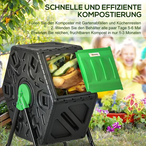 ComfortXL - Composteur rotatif acier et plastique 65 L vert et noir pour jardin avec 24 aérations et mélange 360° - Image 4