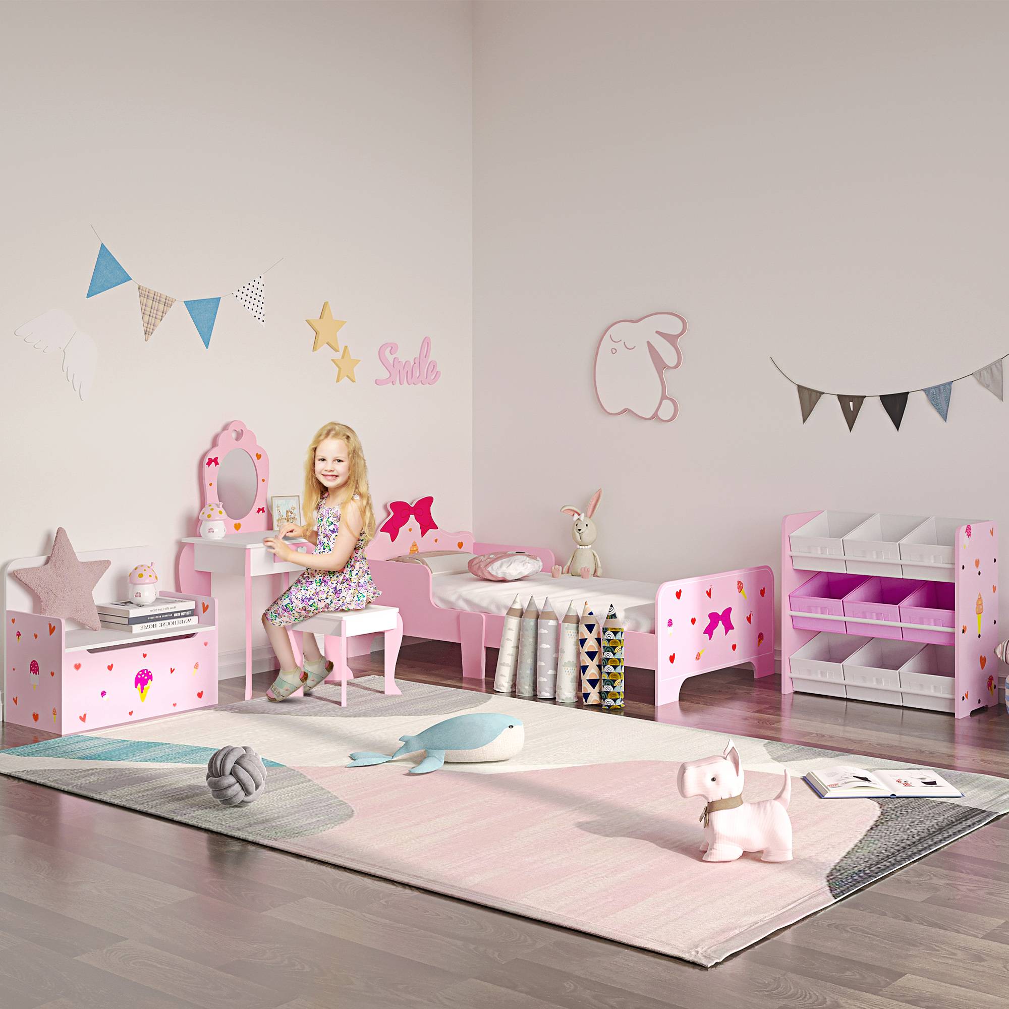 Banc enfant 2 en 1 avec coffre de rangement intégré, pour enfants de plus de 18 mois, charge maximale 50 kg, 60 x 30 x 50 cm, rose - Image 3