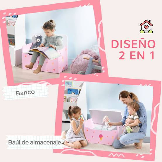 Banc enfant 2 en 1 avec coffre de rangement intégré, pour enfants de plus de 18 mois, charge maximale 50 kg, 60 x 30 x 50 cm, rose - Image 6