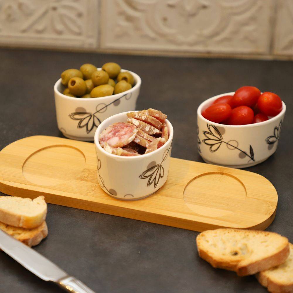 ~ Set apéritif tapas 3 verrines en bambou et céramique blanc et marron 33.5 x 10 cm Chemin de campagne - Image 4