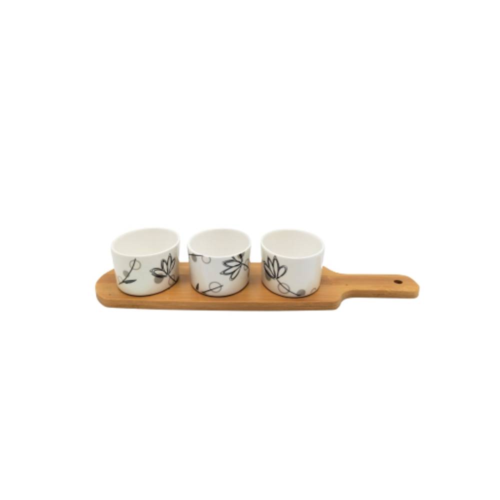 ~ Set apéritif tapas 3 verrines en bambou et céramique blanc et marron 33.5 x 10 cm Chemin de campagne - Image 1