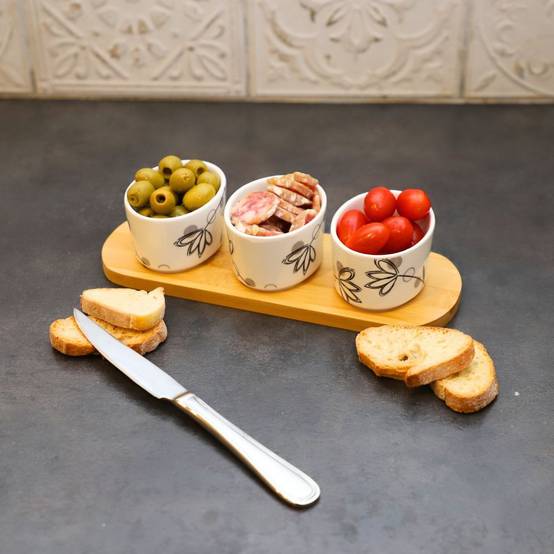 ~ Set apéritif tapas 3 verrines en bambou et céramique blanc et marron 33.5 x 10 cm Chemin de campagne - Image 3
