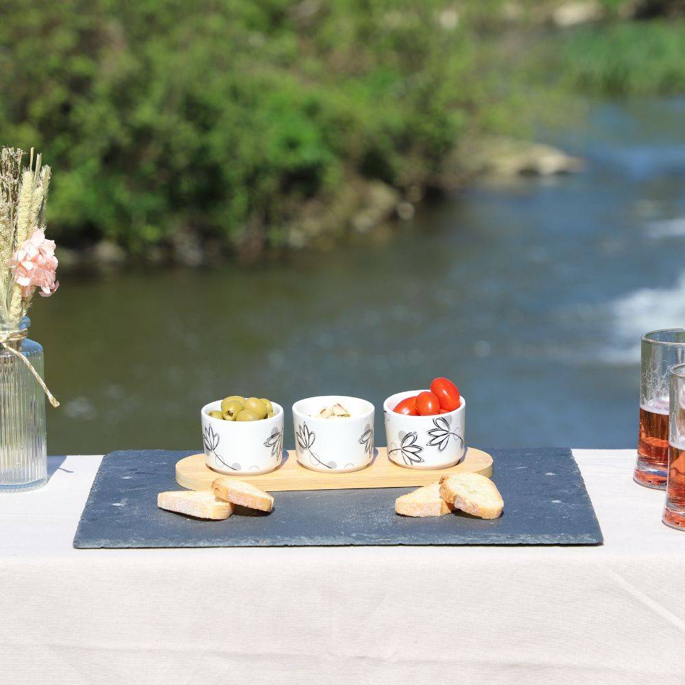 ~ Set apéritif tapas 3 verrines en bambou et céramique blanc et marron 33.5 x 10 cm Chemin de campagne - Image 2
