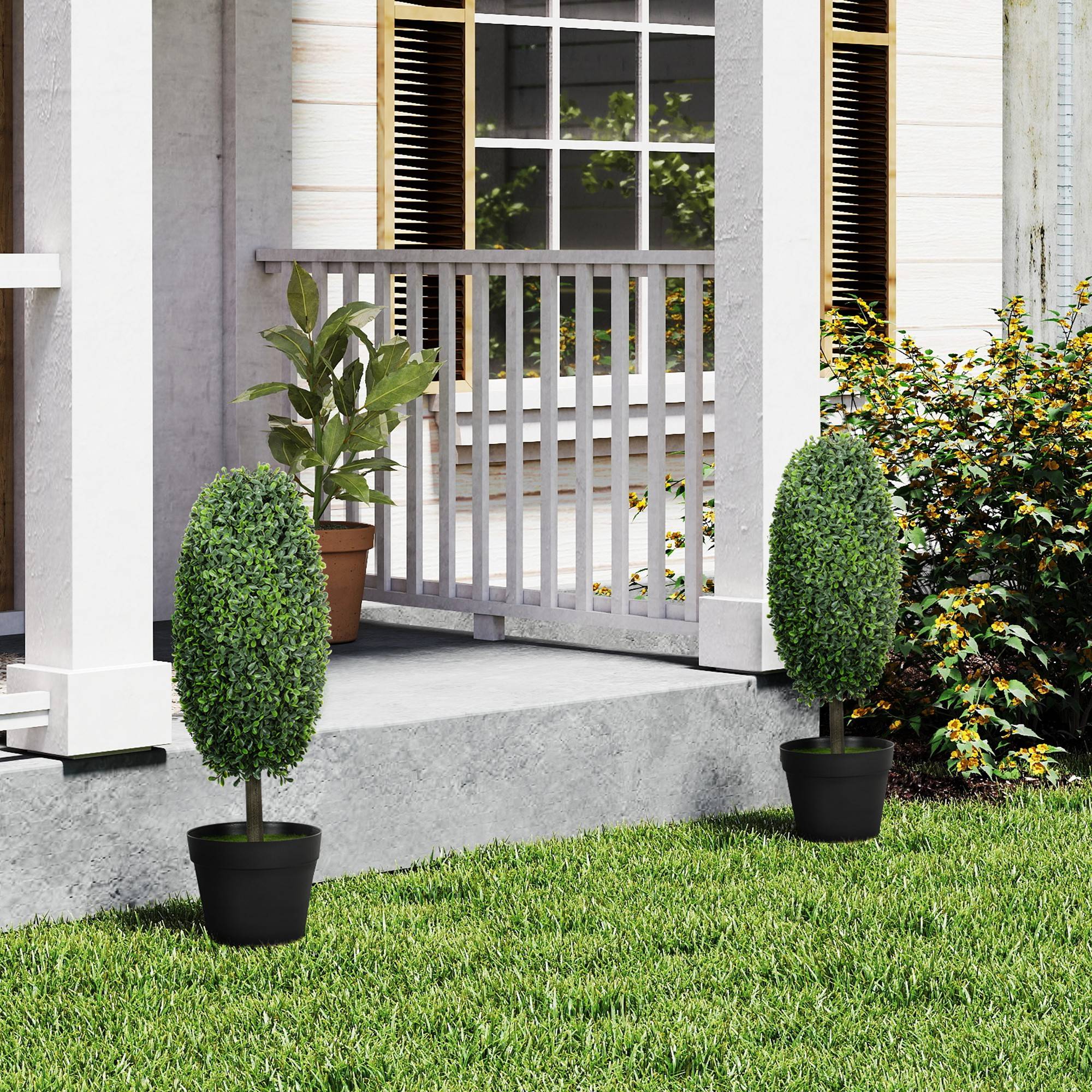 Lot de 2 plantes artificielles, arbres en pot résistants UV, plastique, ciment, vert - Image 3