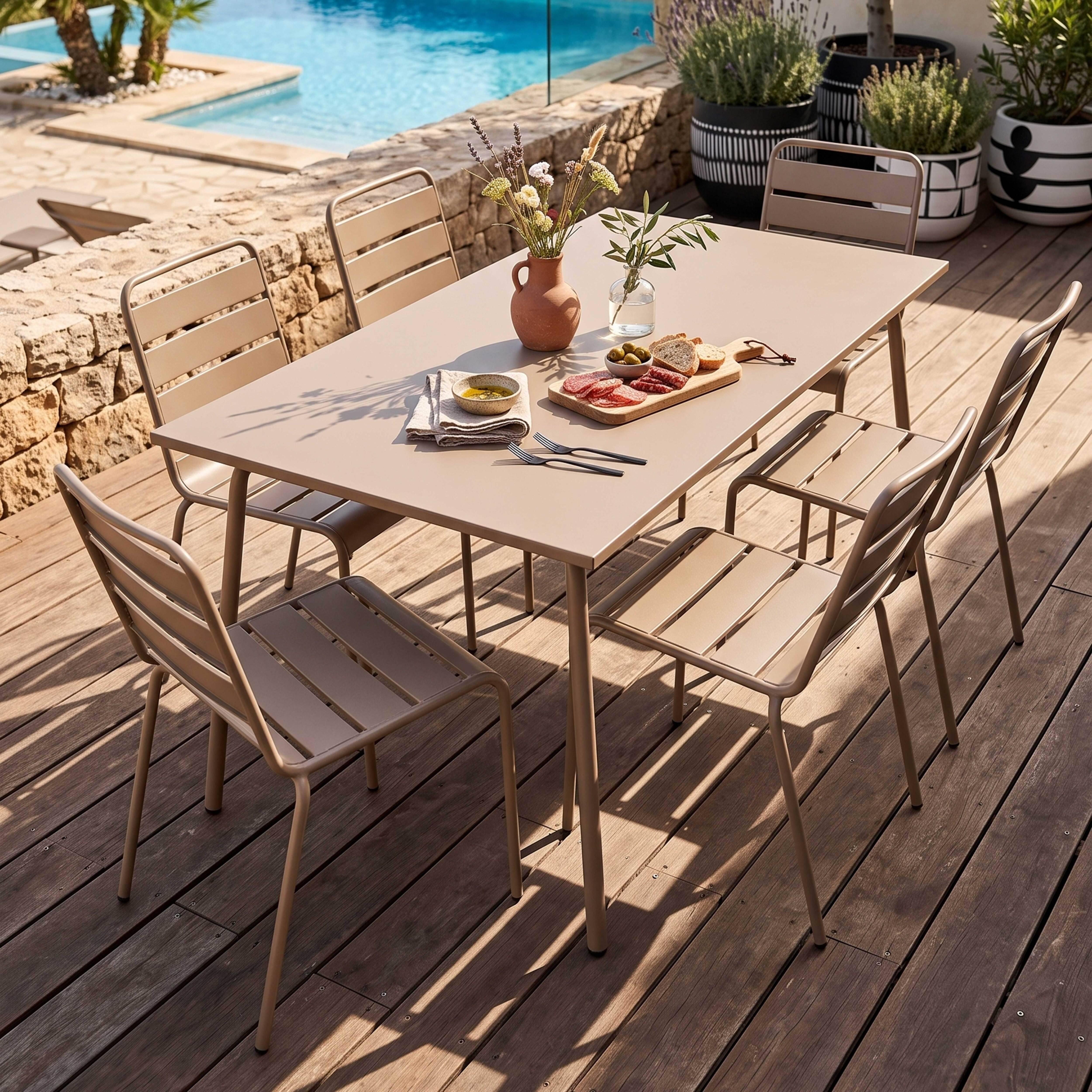 Oviala - Ensemble table de jardin et 6 chaises en métal taupe Palavas - Oviala - Image 2