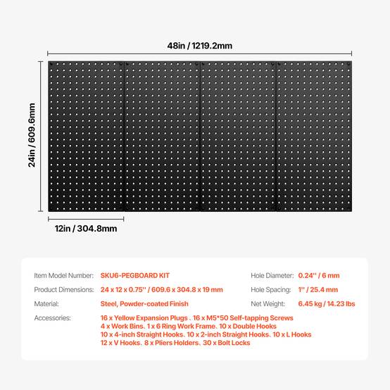 VEVOR Panneau perforé mural 609.6x304.8mm, métal, 4 panneaux, noir. - Image 7