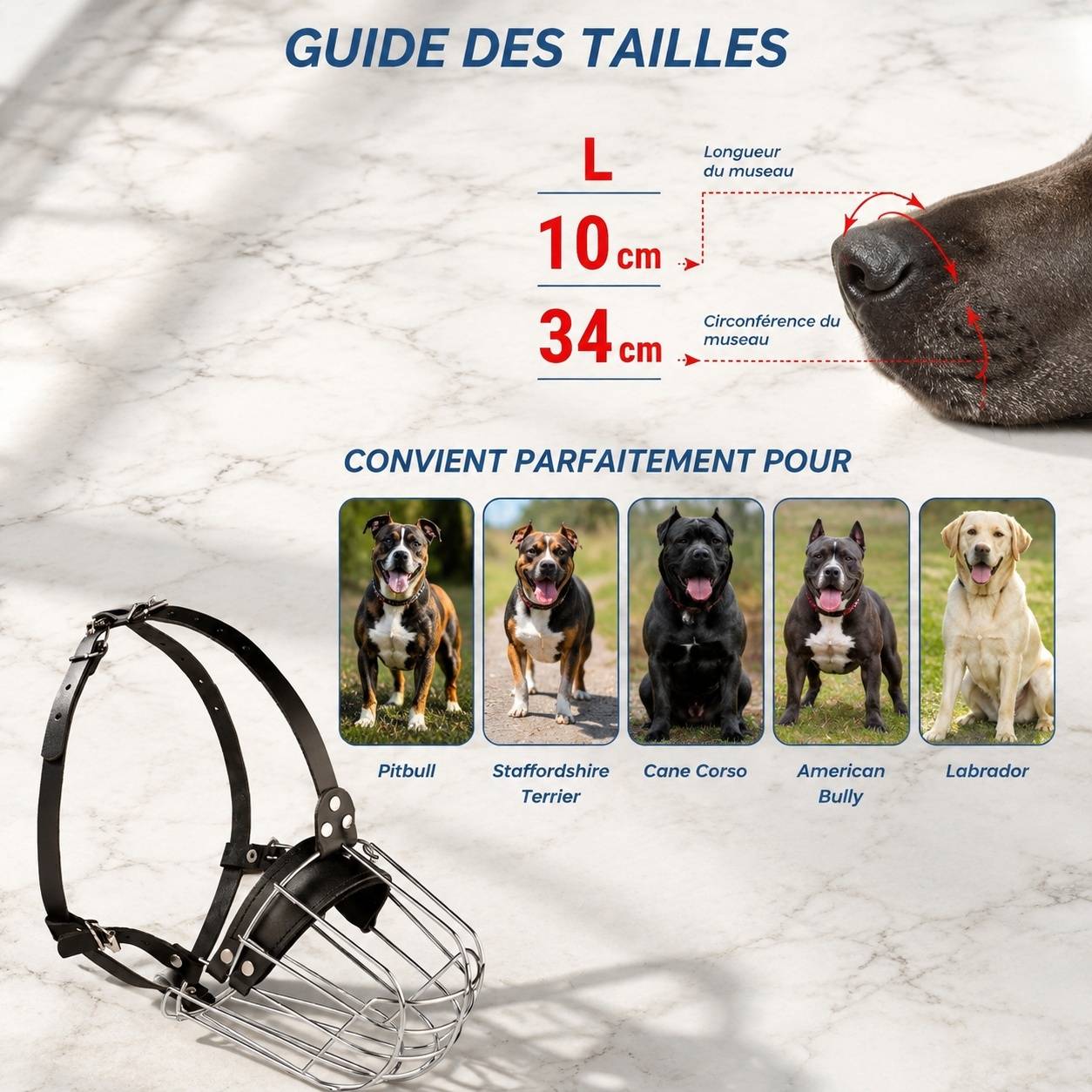 Panier Muselière Chien Grand Format Acier Cuir Réglable Protection Sécurité - Image 3