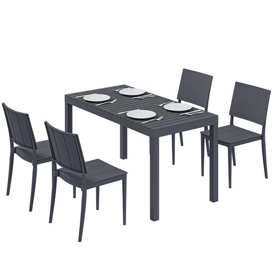 Ensemble de mobilier de jardin, salon de jardin 5 pièces, grande table avec 4 chaises empilables, plateau à lattes pour 4 personnes, gris foncé - Image 2