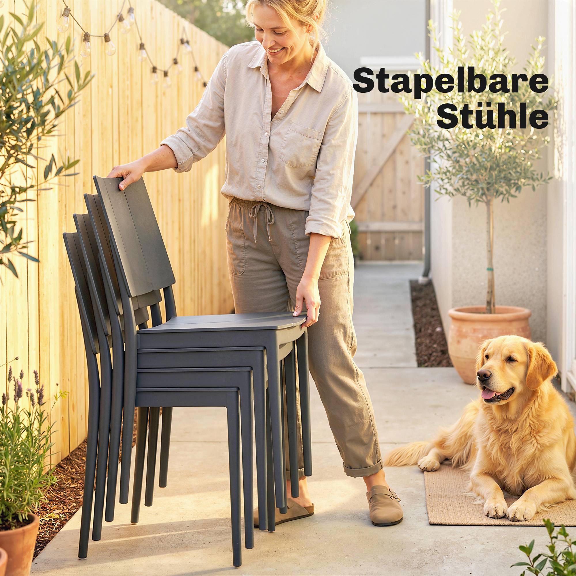 Ensemble de mobilier de jardin, salon de jardin 5 pièces, grande table avec 4 chaises empilables, plateau à lattes pour 4 personnes, gris foncé - Image 8