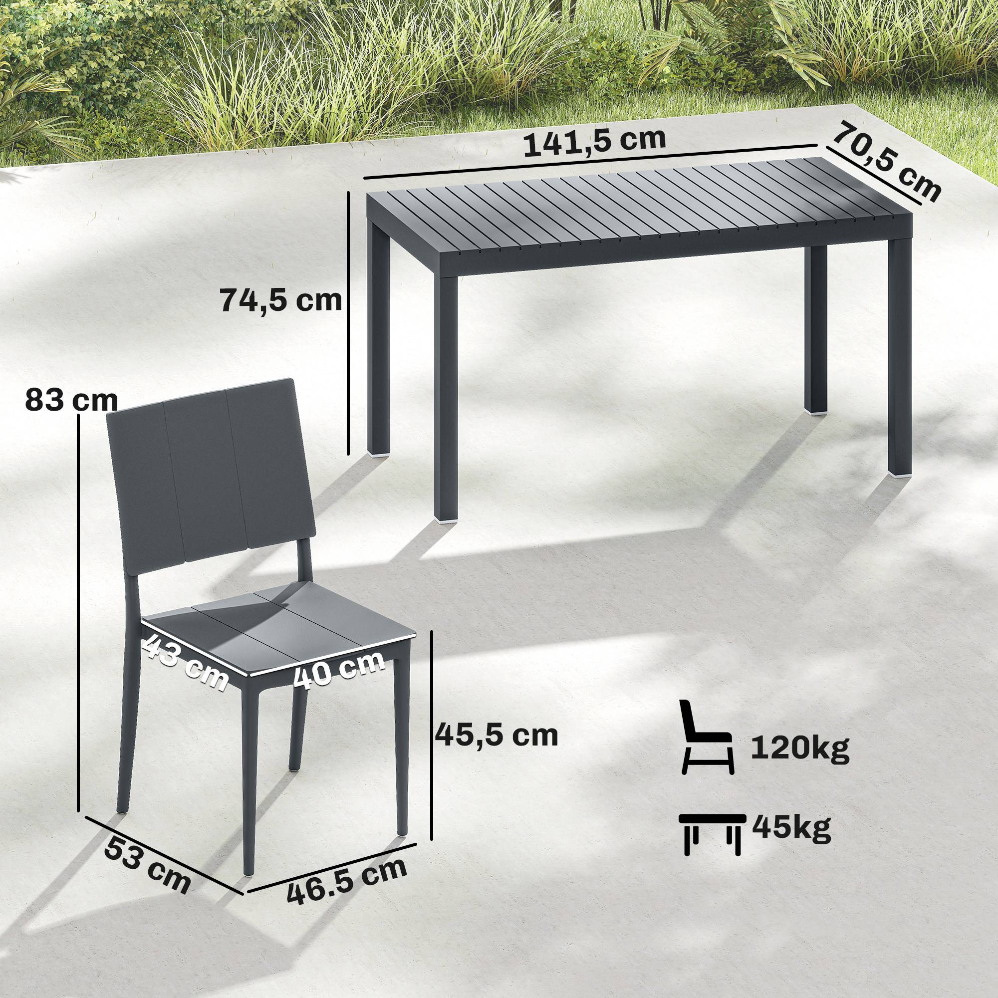 Ensemble de mobilier de jardin, salon de jardin 5 pièces, grande table avec 4 chaises empilables, plateau à lattes pour 4 personnes, gris foncé - Image 5