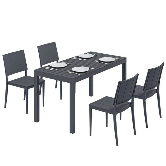 Ensemble de mobilier de jardin, salon de jardin 5 pièces, grande table avec 4 chaises empilables, plateau à lattes pour 4 personnes, gris foncé - Image 1