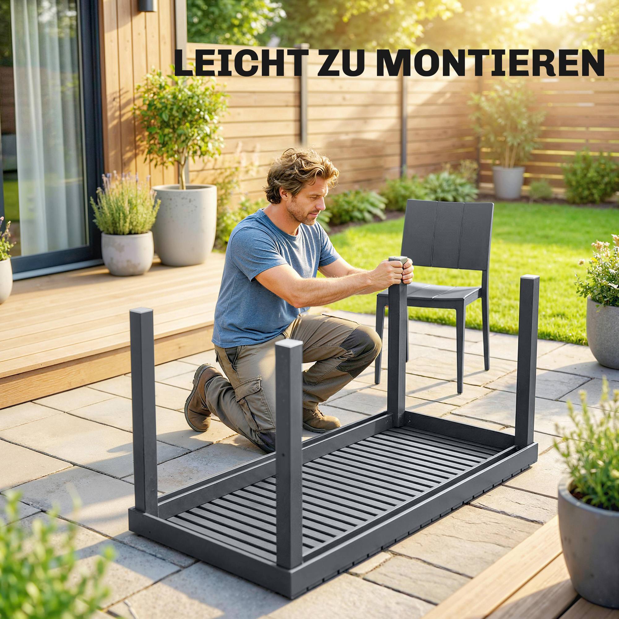 Ensemble de mobilier de jardin, salon de jardin 5 pièces, grande table avec 4 chaises empilables, plateau à lattes pour 4 personnes, gris foncé - Image 9
