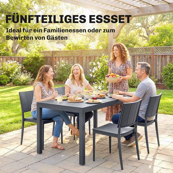Ensemble de mobilier de jardin, salon de jardin 5 pièces, grande table avec 4 chaises empilables, plateau à lattes pour 4 personnes, gris foncé - Image 6