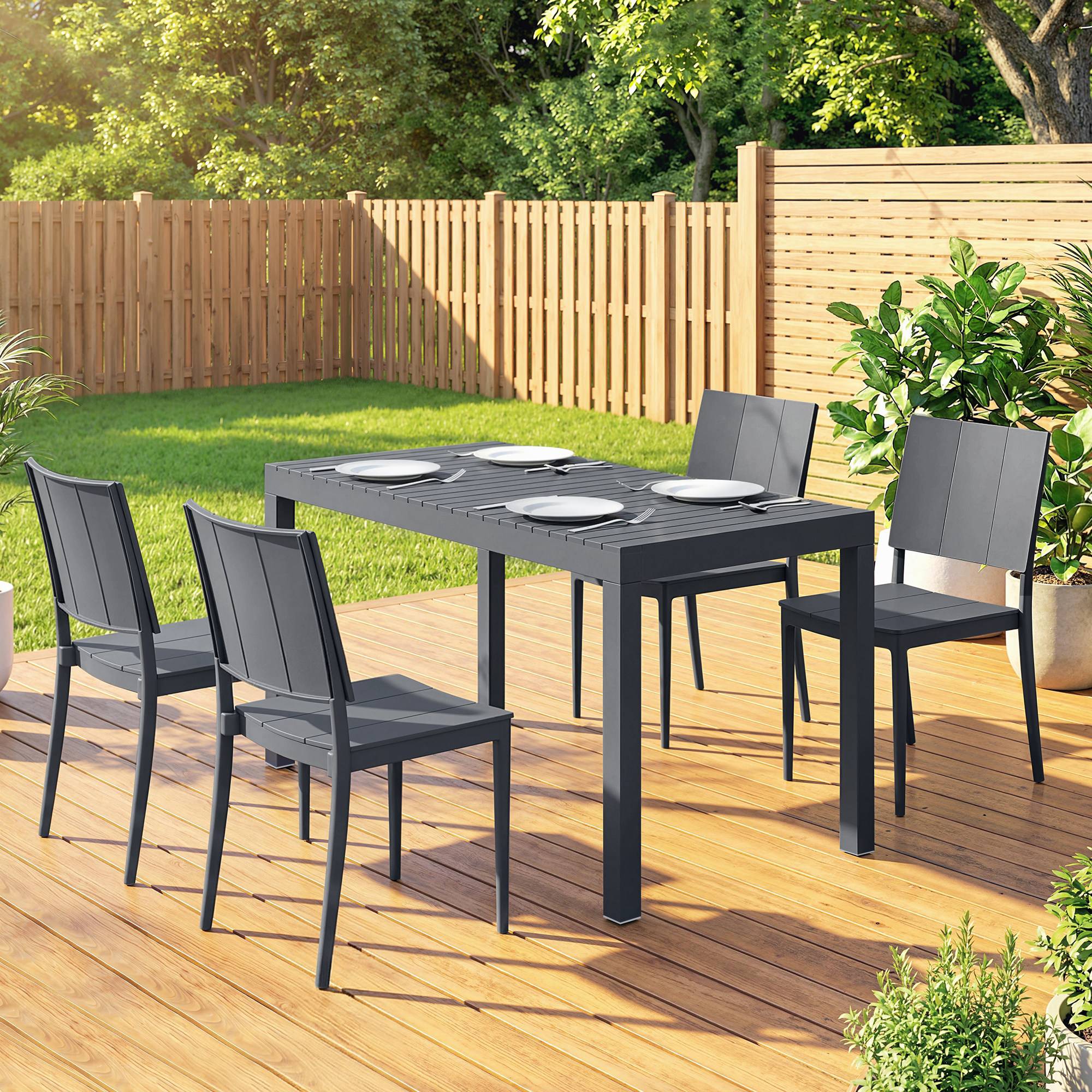 Ensemble de mobilier de jardin, salon de jardin 5 pièces, grande table avec 4 chaises empilables, plateau à lattes pour 4 personnes, gris foncé - Image 4