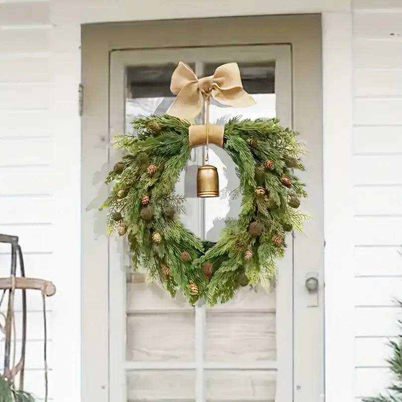 Couronne de Noël rétro en pin de Norfolk avec cloches, couronne de cèdre artificiel de 50 cm, pour décoration de fêtes, couronnes de Noël - Image 4