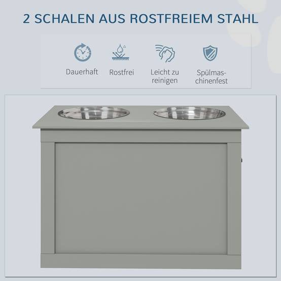ComfortXL - Station repas chien surélevée MDF gris 60 x 30 x 41 cm 2 gamelles inox amovibles avec rangement intégré - Image 5