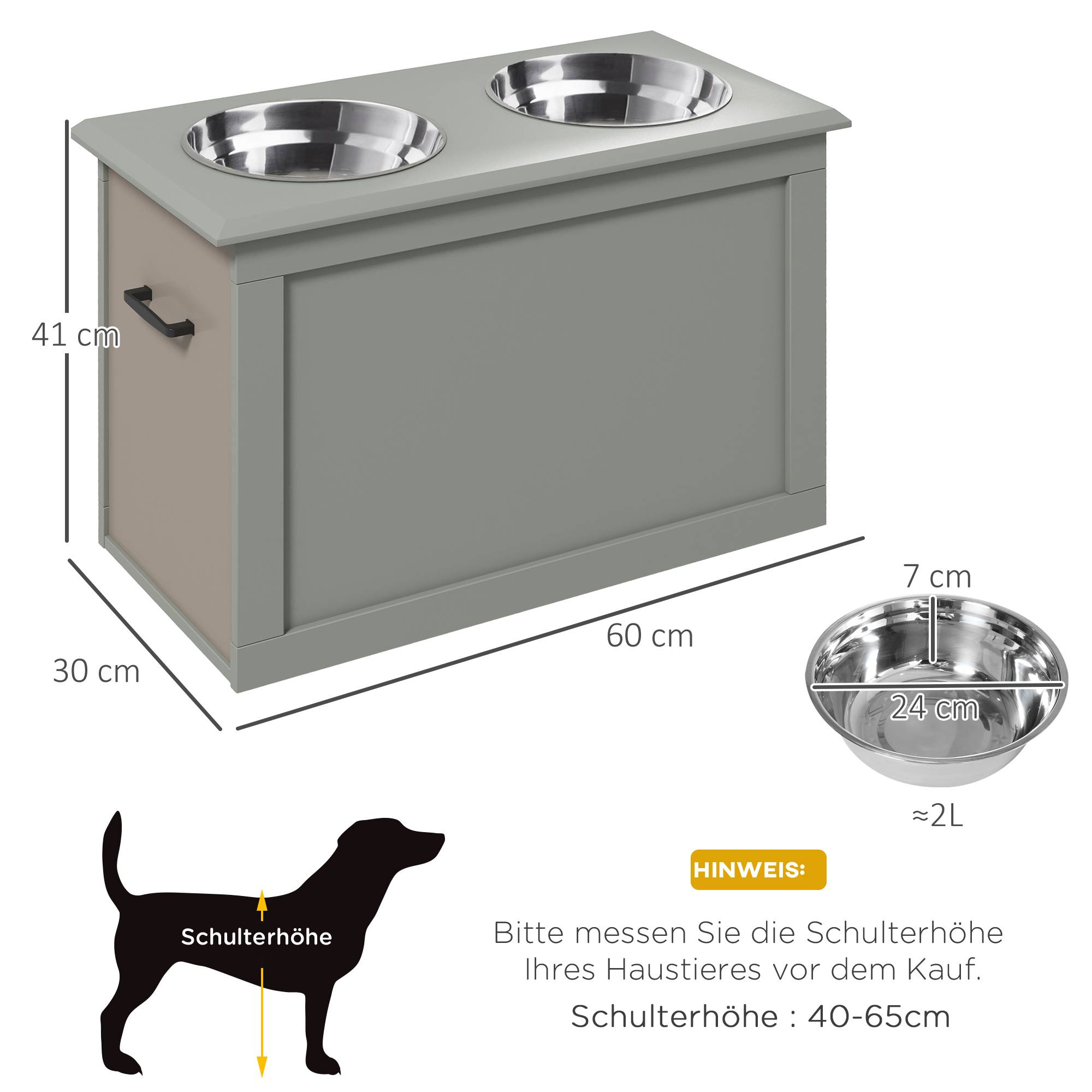 ComfortXL - Station repas chien surélevée MDF gris 60 x 30 x 41 cm 2 gamelles inox amovibles avec rangement intégré - Image 3