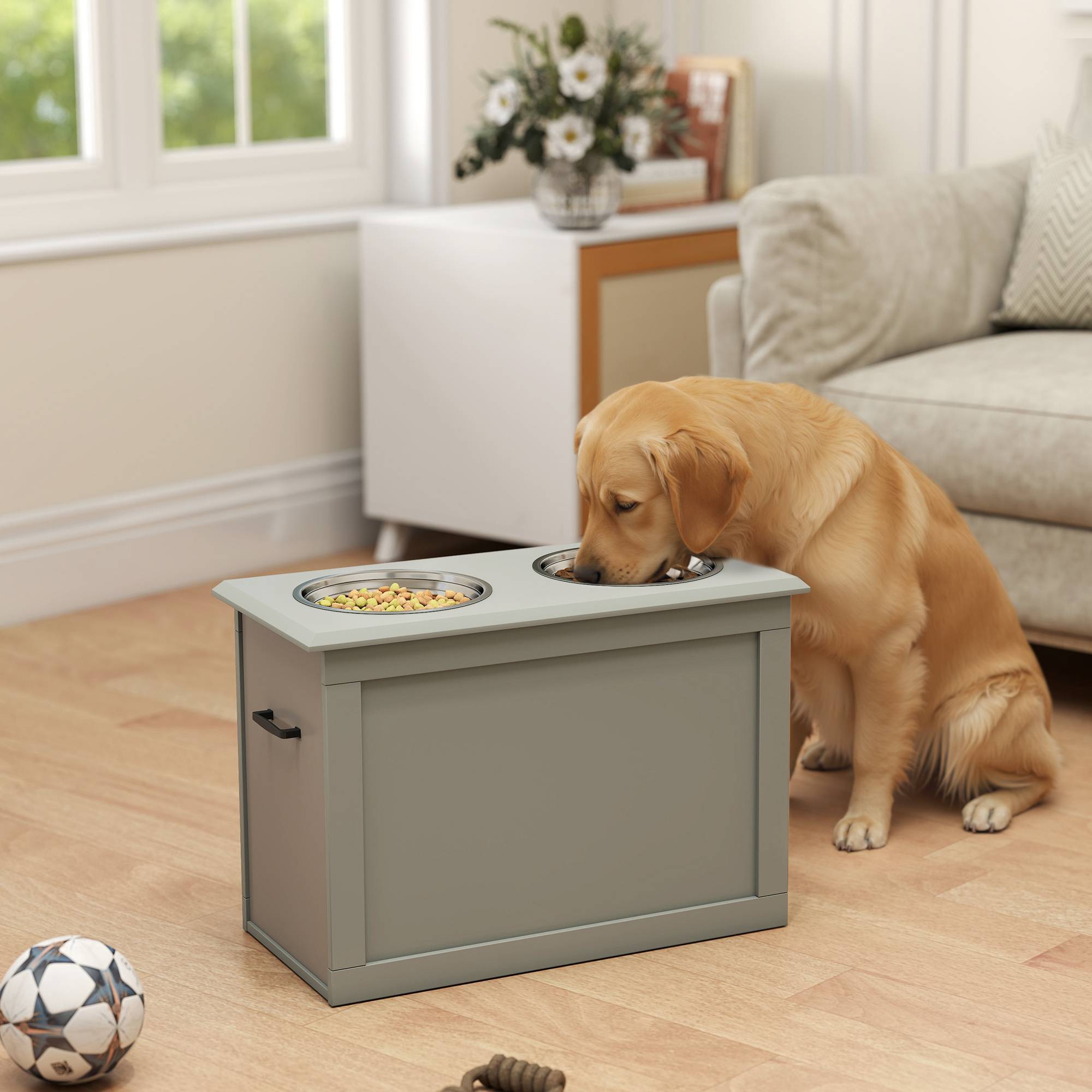 ComfortXL - Station repas chien surélevée MDF gris 60 x 30 x 41 cm 2 gamelles inox amovibles avec rangement intégré - Image 1