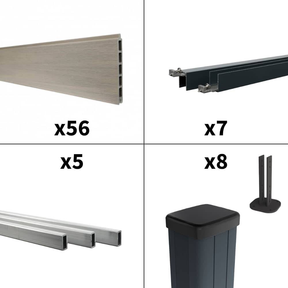 Kit Clôture Composite sur Muret CRUZ Argent 12,81x1,2m - Bois composite & Aluminium - Poteaux sur Platines Gris Anthracite - Brise vue - Image 3