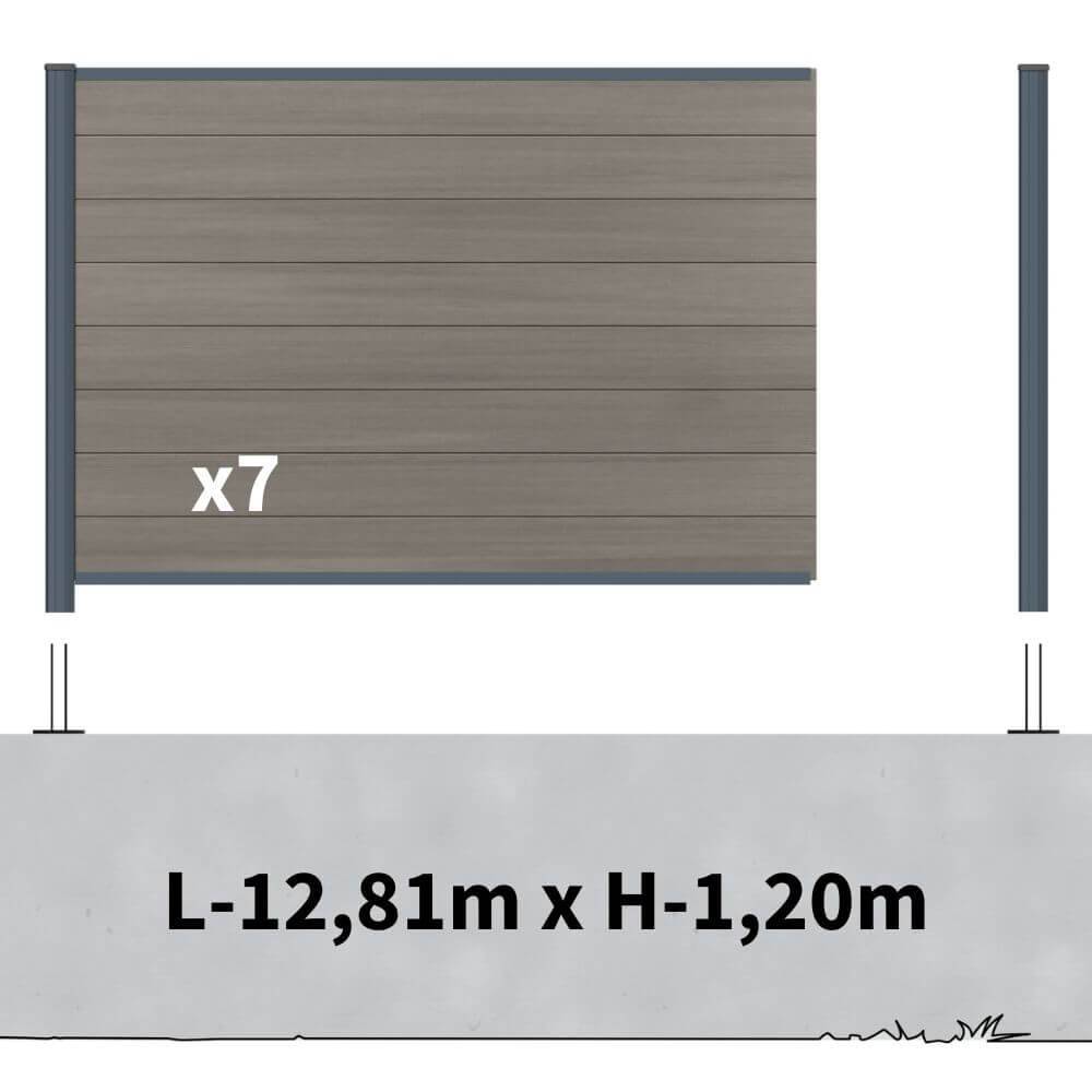 Kit Clôture Composite sur Muret CRUZ Argent 12,81x1,2m - Bois composite & Aluminium - Poteaux sur Platines Gris Anthracite - Brise vue - Image 2