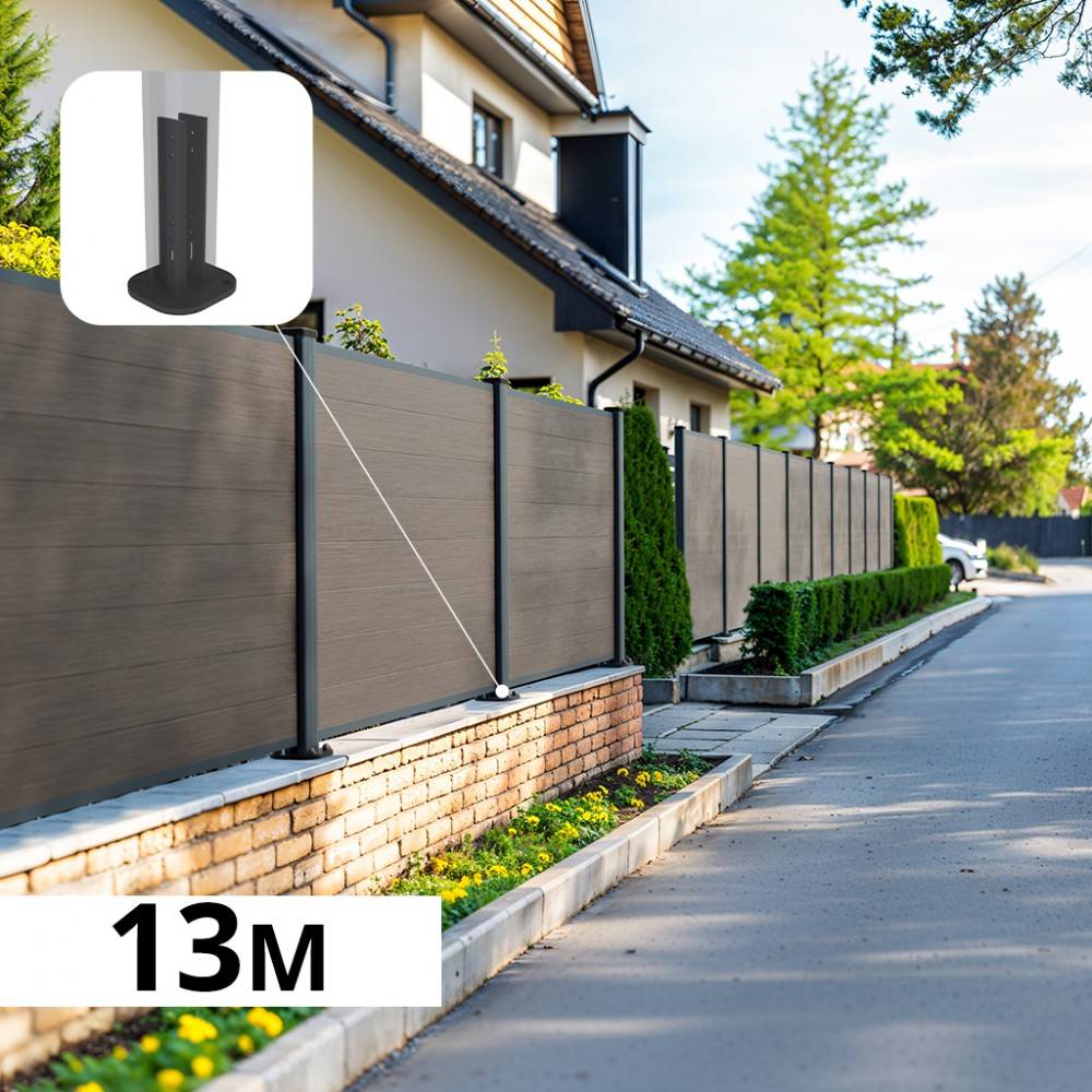 Kit Clôture Composite sur Muret CRUZ Argent 12,81x1,2m - Bois composite & Aluminium - Poteaux sur Platines Gris Anthracite - Brise vue - Image 1