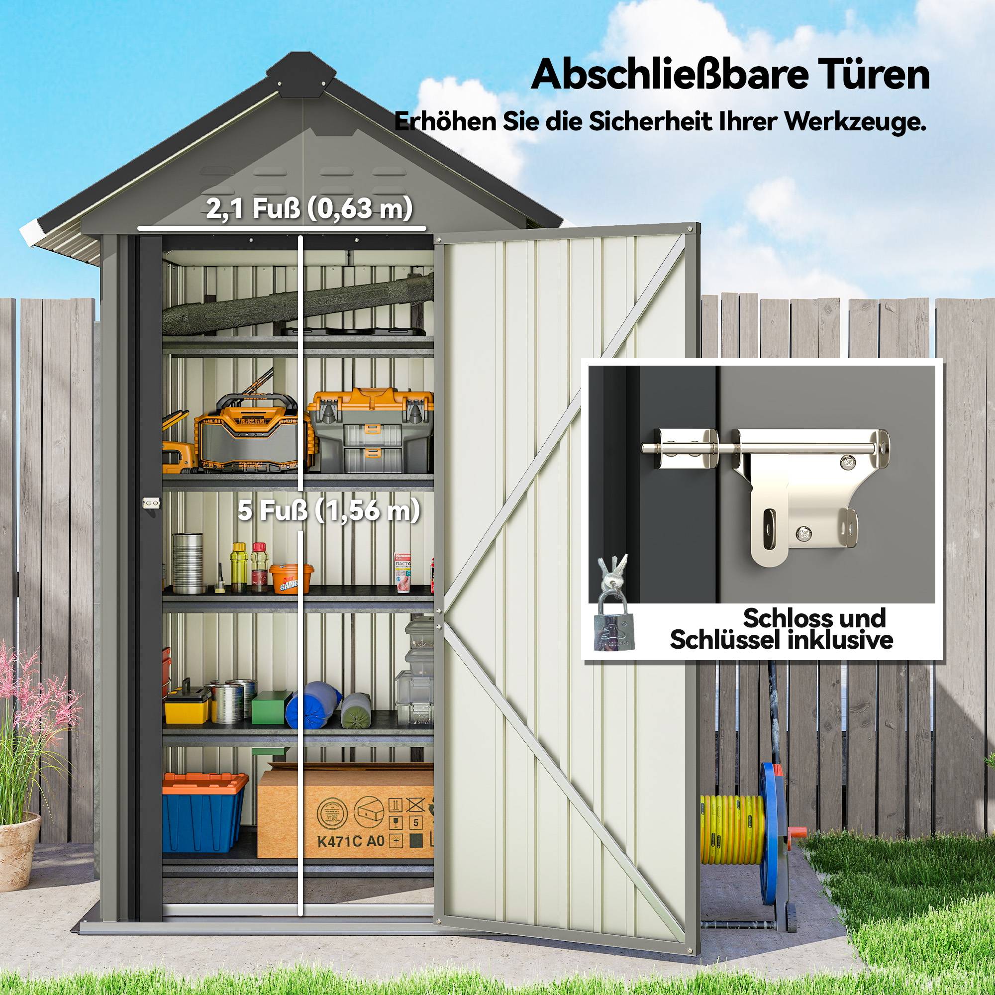 Abri métal 1,17m² outillage toit double pente aération serrure gants 122x121x192cm - Image 9
